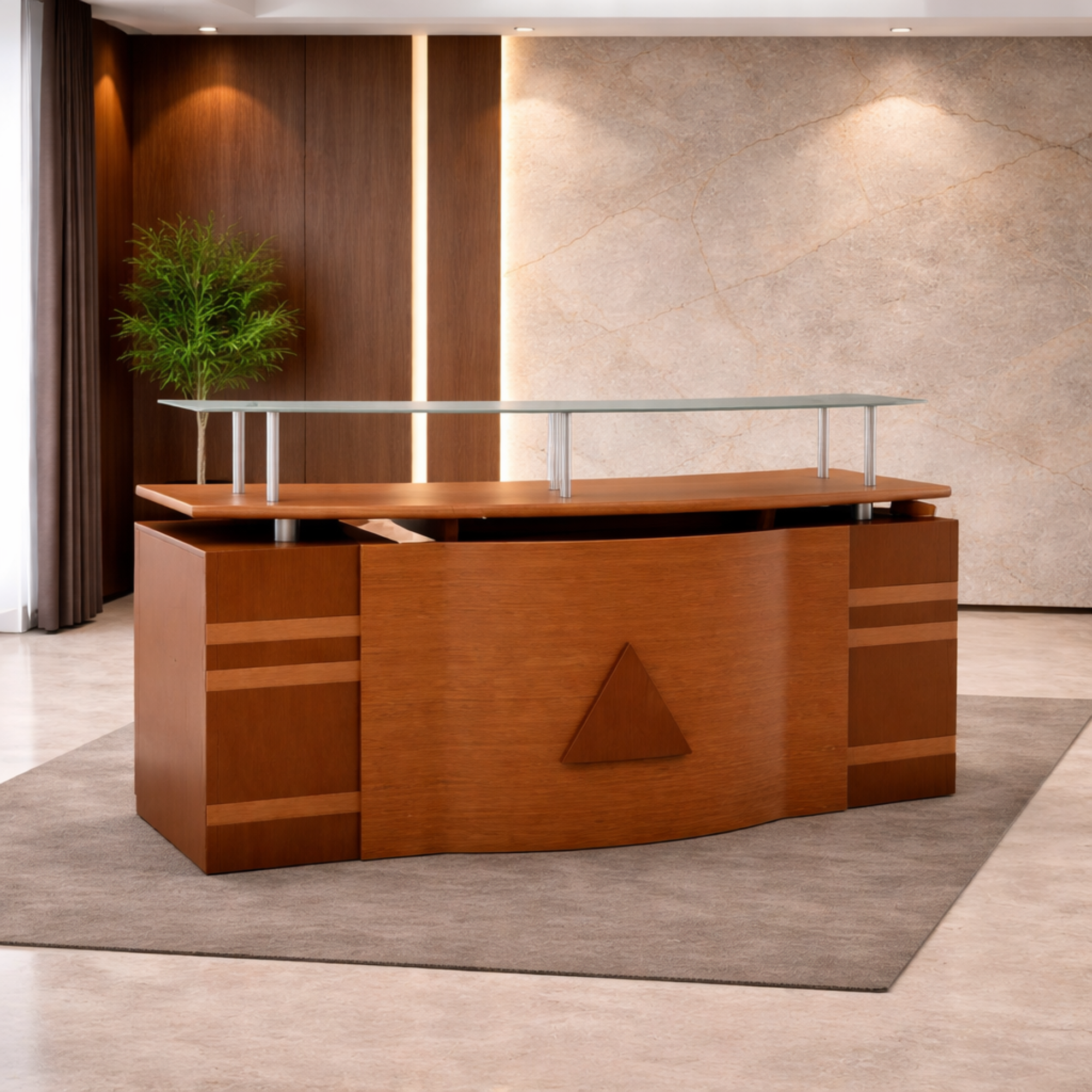 Reception Table Made In Ply Board with File Storage Cabinets, Elevated Shelf & Glass Top Shelf - Brown