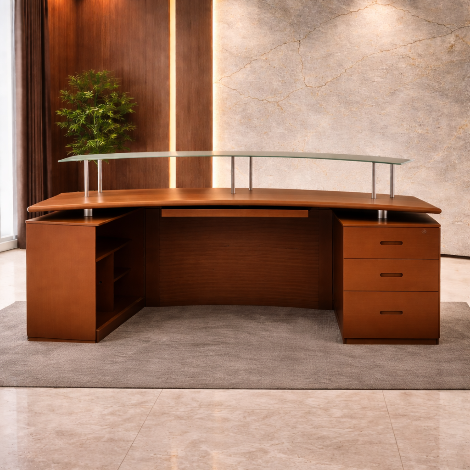 ফাইল স্টোরেজ ক্যাবিনেট, এলিভেটেড শেল্ফ এবং কাচের টপ শেল্ফ সহ প্লাই বোর্ডে তৈরি রিসেপশন টেবিল - ব্রাউন