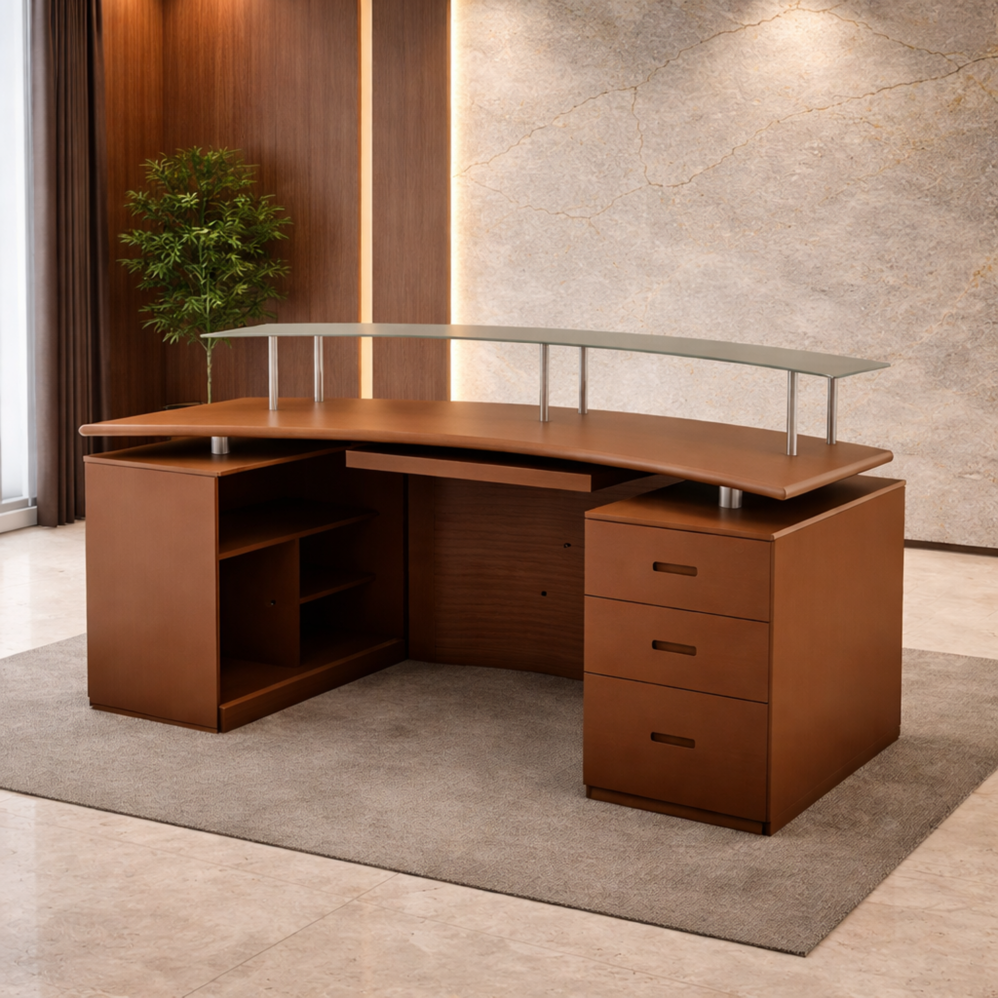 ফাইল স্টোরেজ ক্যাবিনেট, এলিভেটেড শেল্ফ এবং কাচের টপ শেল্ফ সহ প্লাই বোর্ডে তৈরি রিসেপশন টেবিল - ব্রাউন