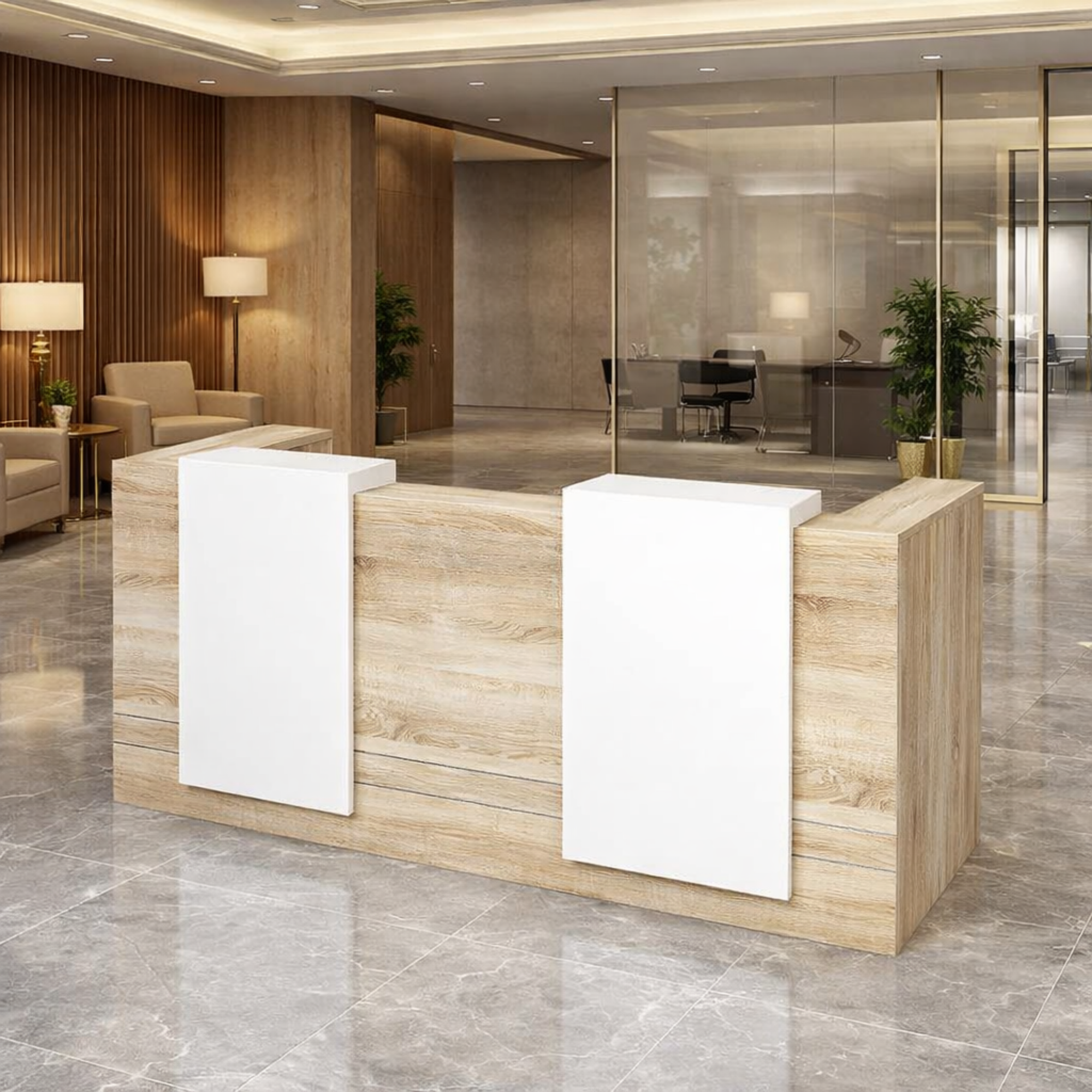 ডাবল কাউন্টার সহ পার্টিকেল বোর্ডে তৈরি অভ্যর্থনা টেবিল, ওয়্যার ম্যানেজার সহ - বাদামী এবং সাদা