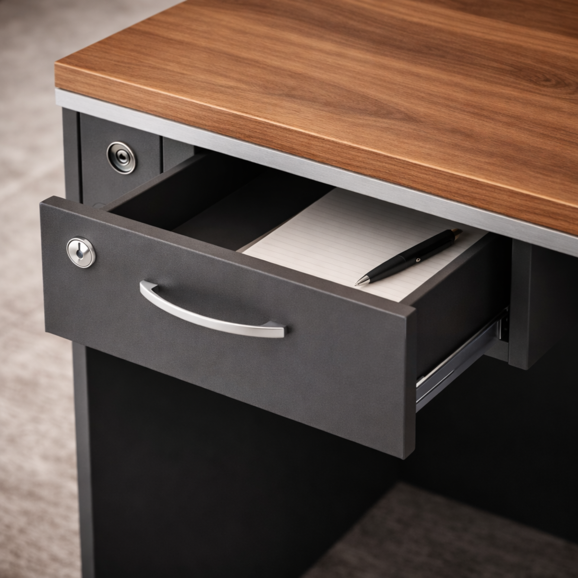 ইঞ্জিনিয়ারড কাঠের তৈরি অভ্যর্থনা টেবিলে ১টি ড্রয়ার এবং উপরে খোলা তাক রয়েছে