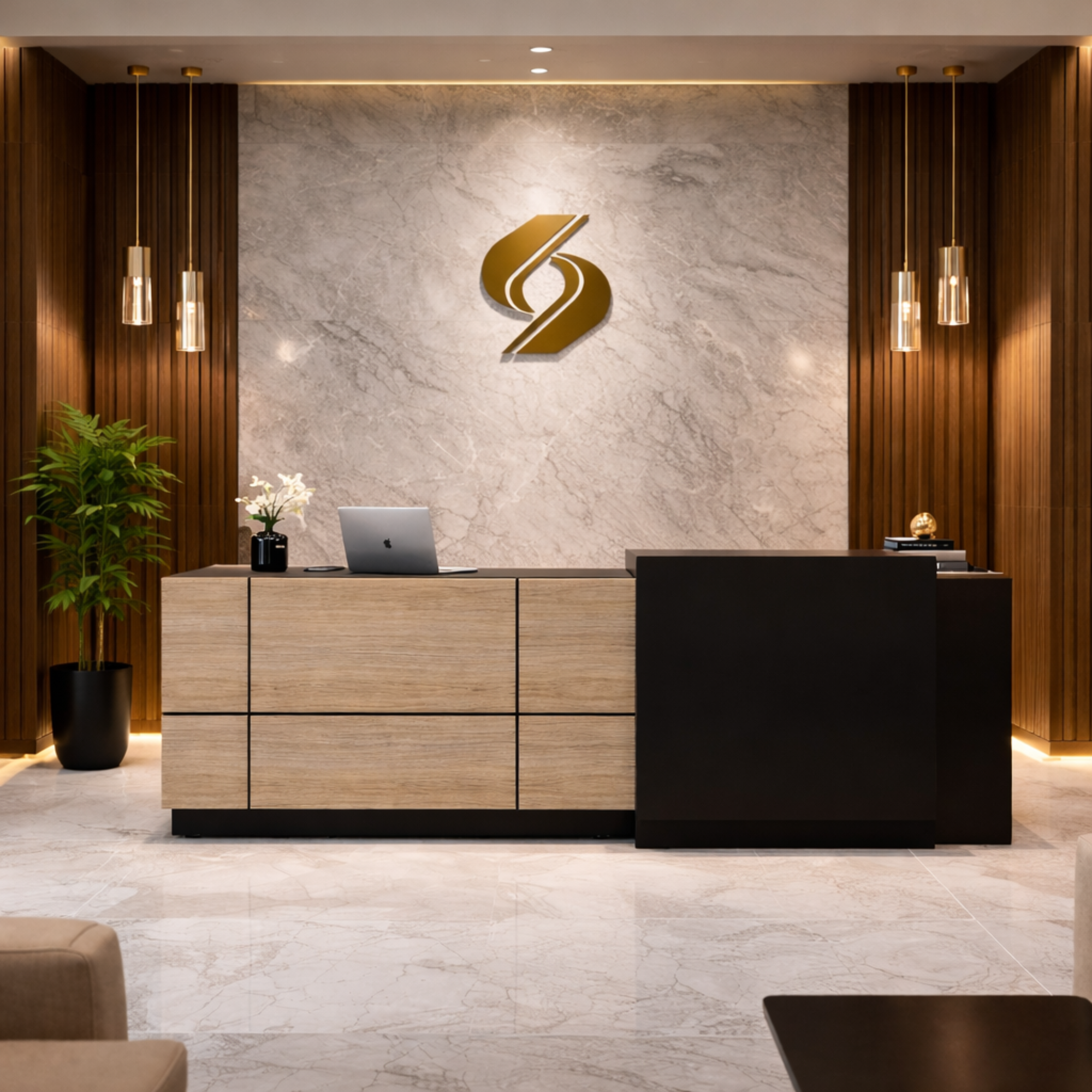 Reception Table for Office and Hotels Front Desk Made in MDF with Laminate, Large Counter Work Surface with 1 Lockable Drawer & Cable Manager