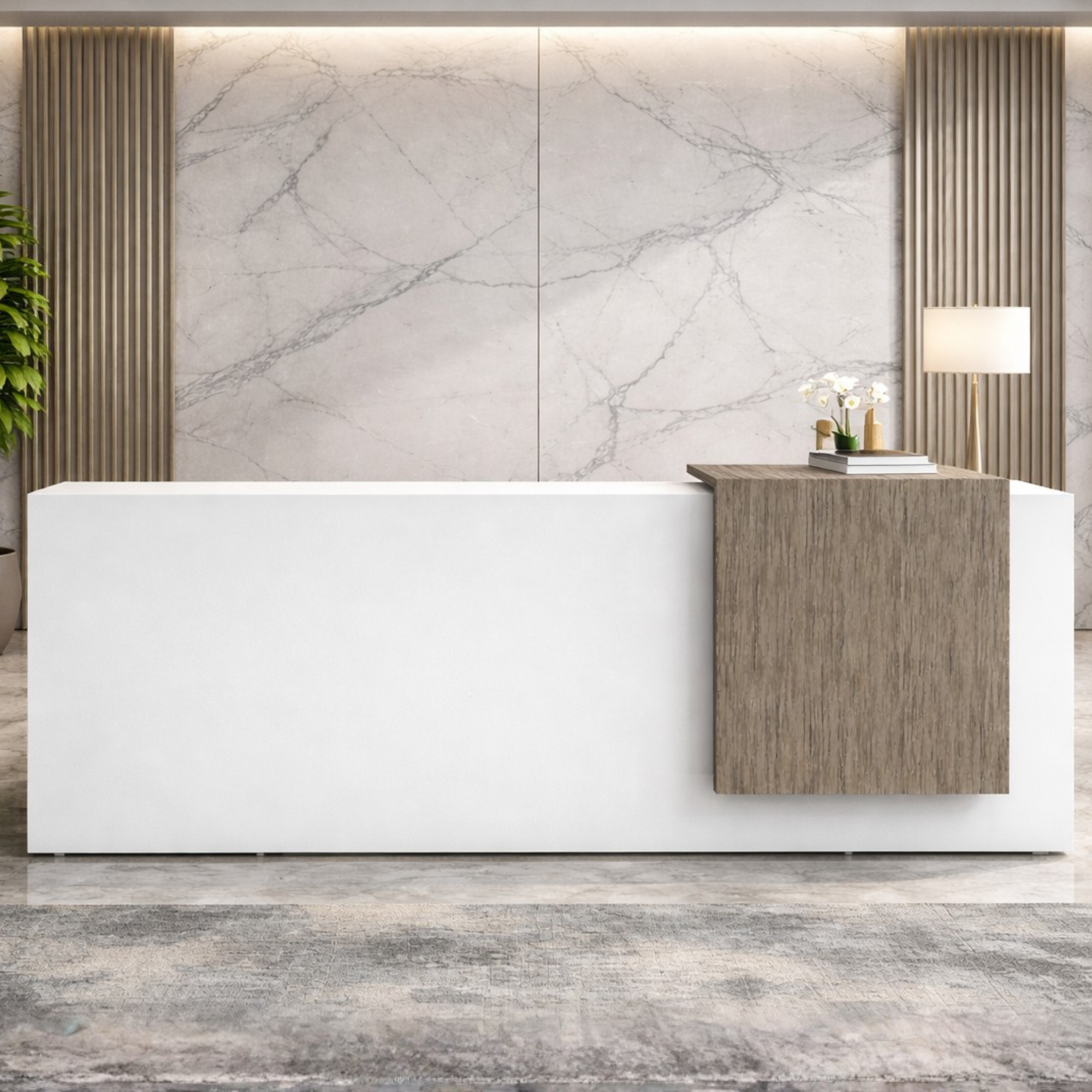 Reception Table Made in Engineered Wood with Storage and Pedestal Finishing White and Laminate