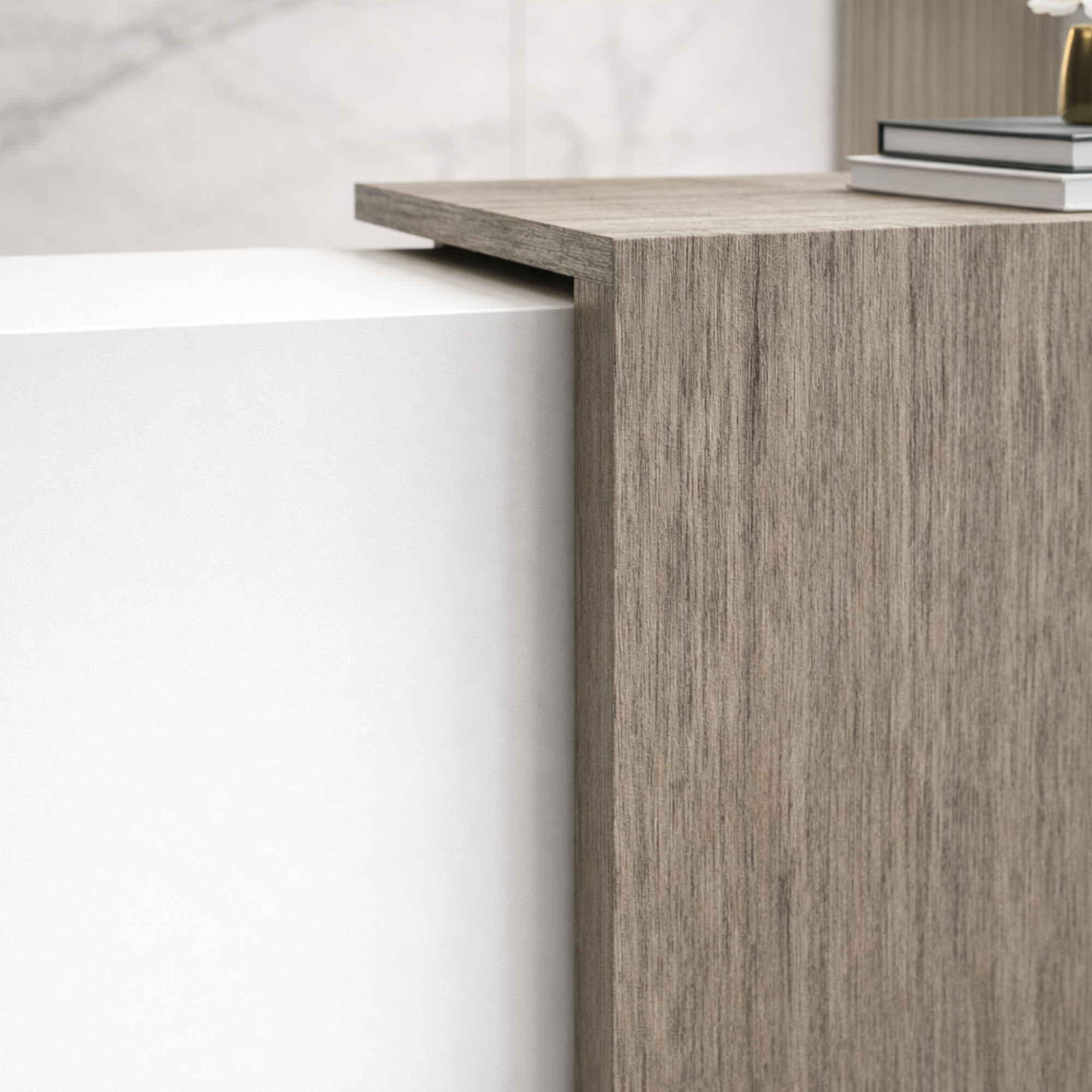 ইঞ্জিনিয়ারড কাঠ, স্টোরেজ এবং পেডেস্টাল ফিনিশিং সাদা এবং ল্যামিনেট দিয়ে তৈরি অভ্যর্থনা টেবিল