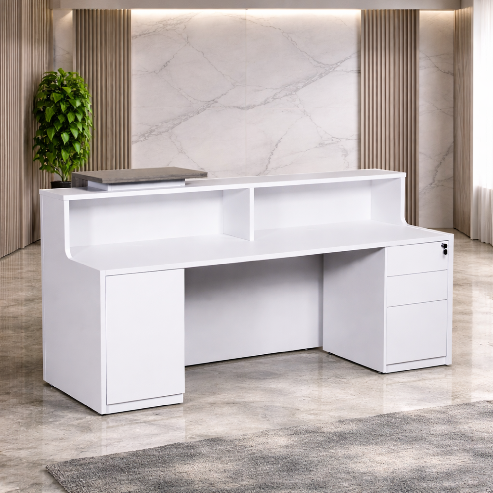 ইঞ্জিনিয়ারড কাঠ, স্টোরেজ এবং পেডেস্টাল ফিনিশিং সাদা এবং ল্যামিনেট দিয়ে তৈরি অভ্যর্থনা টেবিল