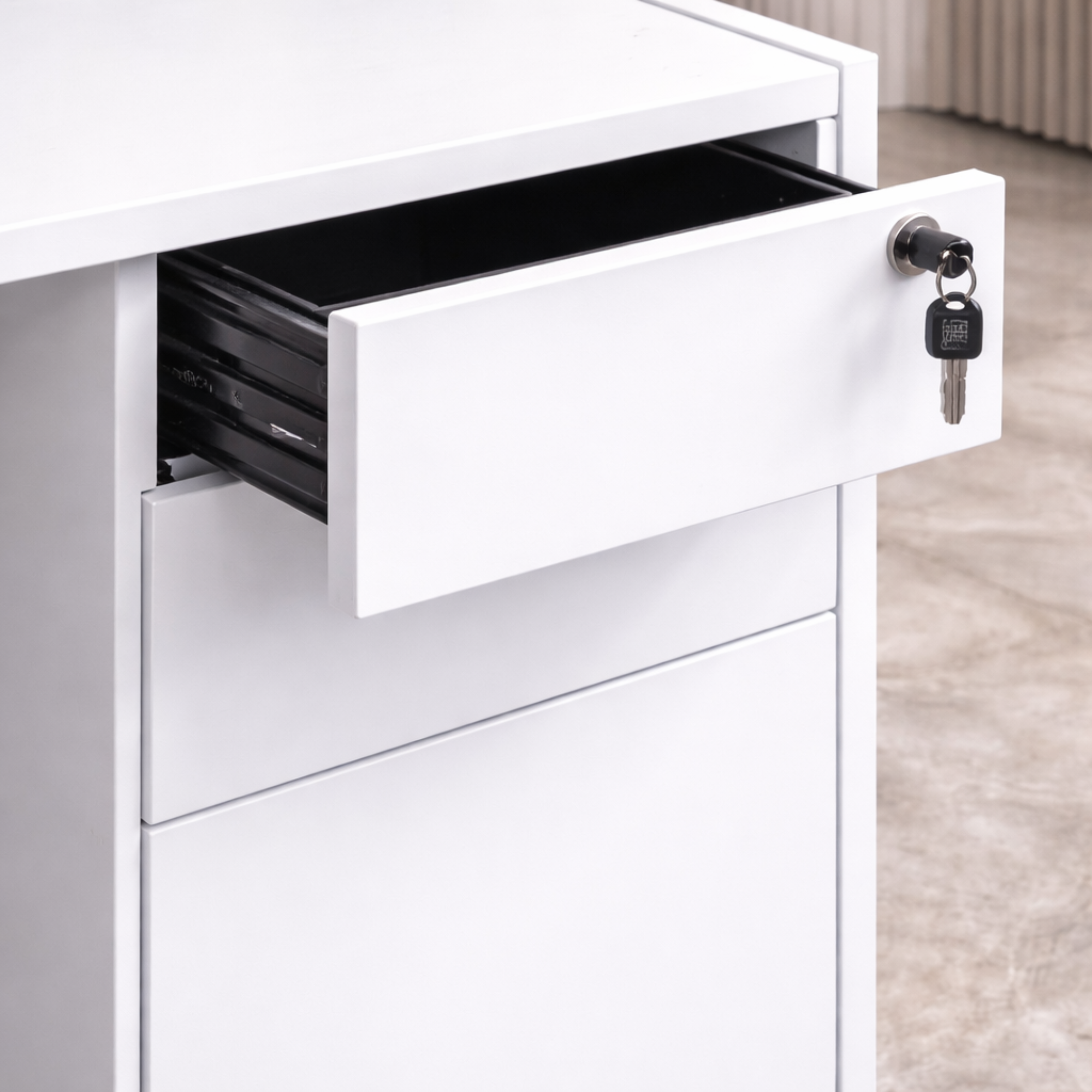 ইঞ্জিনিয়ারড কাঠ, স্টোরেজ এবং পেডেস্টাল ফিনিশিং সাদা এবং ল্যামিনেট দিয়ে তৈরি অভ্যর্থনা টেবিল