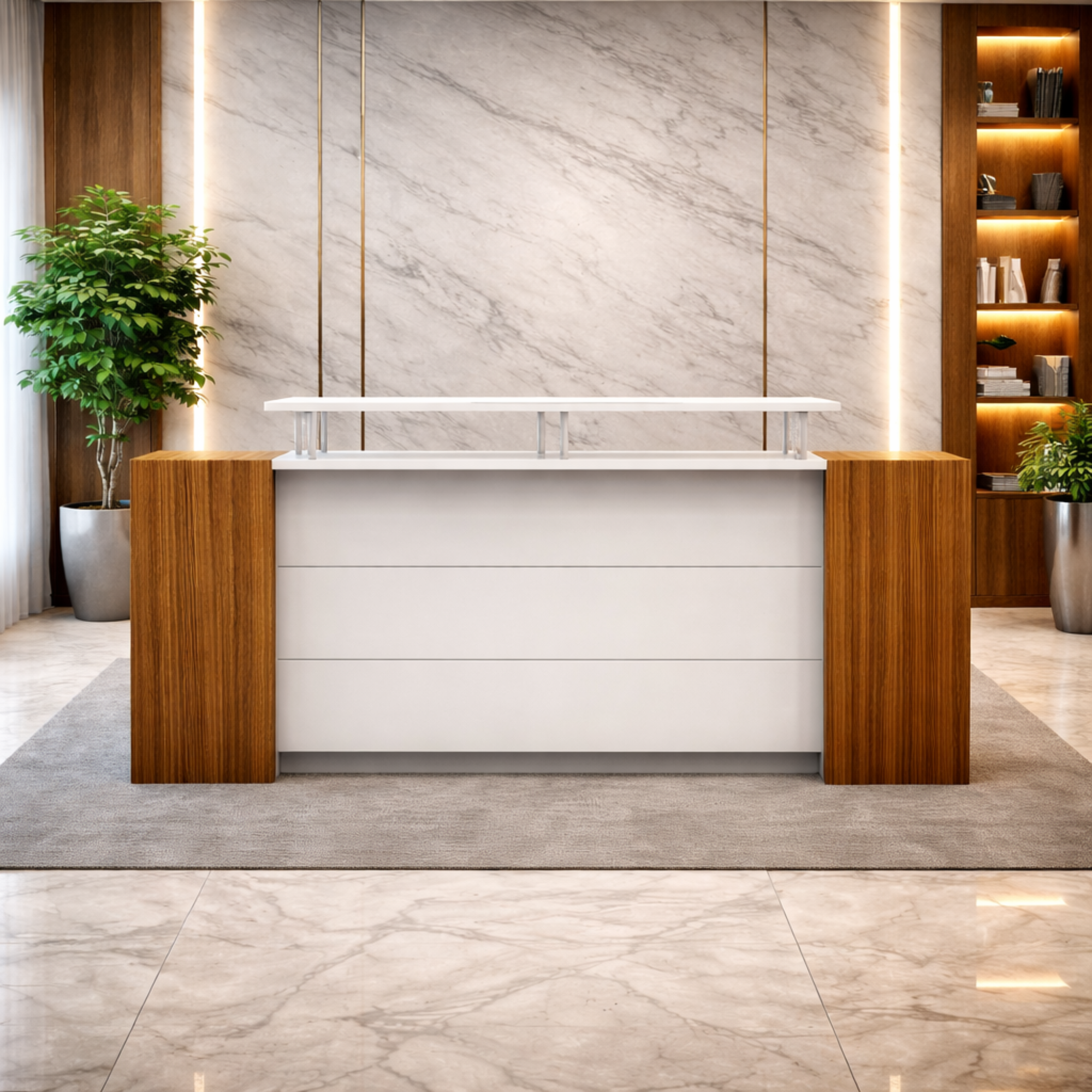 Reception Table for Office and Hotel Front Desk Made in Engineered Wood, White Laminate with 1 Lockable Drawer & Shutter Unit- Brown & White