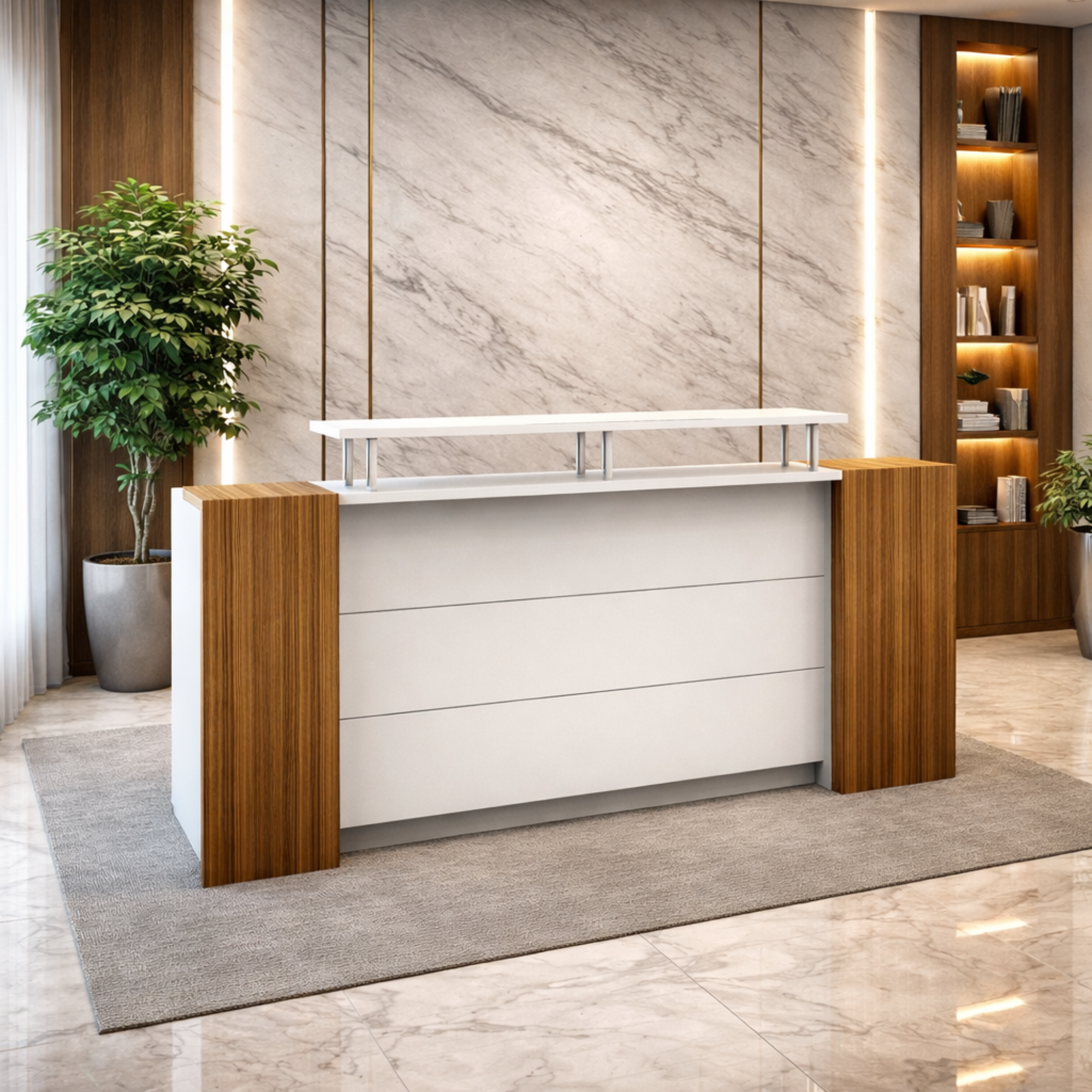 অফিস এবং হোটেলের ফ্রন্ট ডেস্কের জন্য অভ্যর্থনা টেবিল ইঞ্জিনিয়ারড কাঠ দিয়ে তৈরি, সাদা ল্যামিনেট সহ 1টি লকযোগ্য ড্রয়ার এবং শাটার ইউনিট - বাদামী এবং সাদা