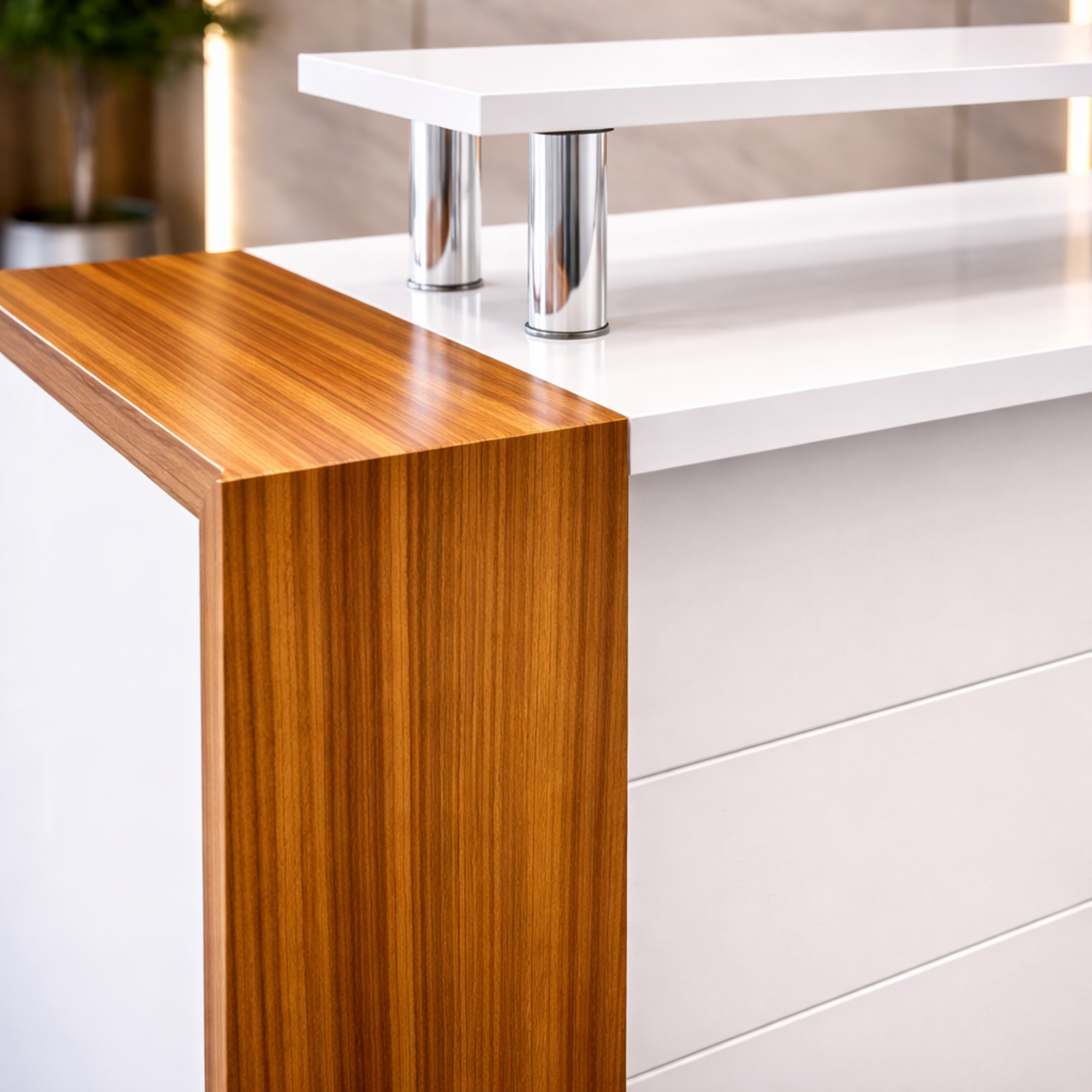 অফিস এবং হোটেলের ফ্রন্ট ডেস্কের জন্য অভ্যর্থনা টেবিল ইঞ্জিনিয়ারড কাঠ দিয়ে তৈরি, সাদা ল্যামিনেট সহ 1টি লকযোগ্য ড্রয়ার এবং শাটার ইউনিট - বাদামী এবং সাদা