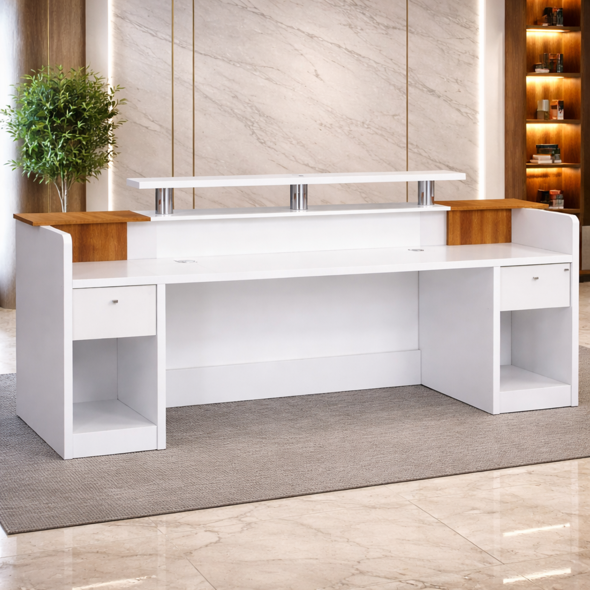 অফিস এবং হোটেলের ফ্রন্ট ডেস্কের জন্য অভ্যর্থনা টেবিল ইঞ্জিনিয়ারড কাঠ দিয়ে তৈরি, সাদা ল্যামিনেট সহ 1টি লকযোগ্য ড্রয়ার এবং শাটার ইউনিট - বাদামী এবং সাদা