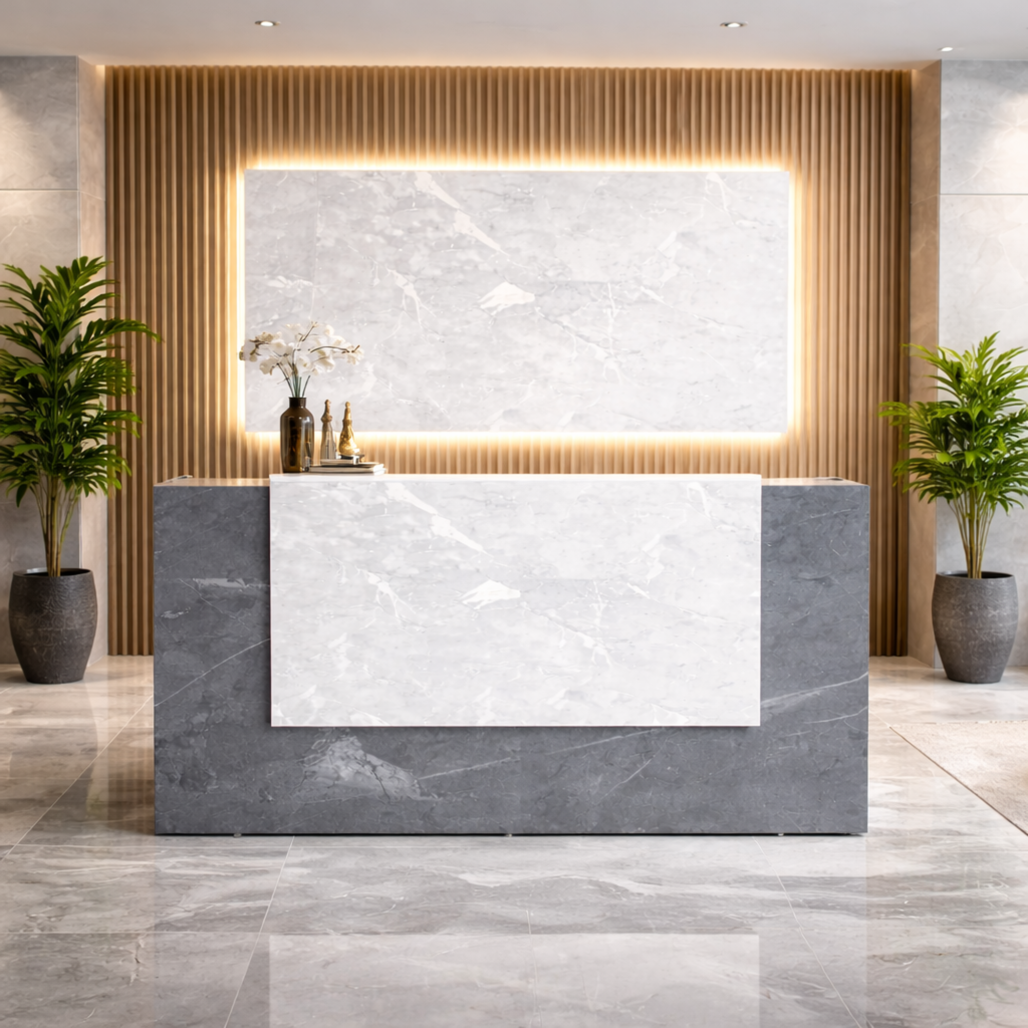 মার্বেল প্যাটার্ন সহ ইঞ্জিনিয়ারড কাঠ দিয়ে তৈরি অফিসের জন্য অভ্যর্থনা টেবিল এবং আধুনিক সহজ, মসৃণ অভ্যর্থনা কাউন্টার