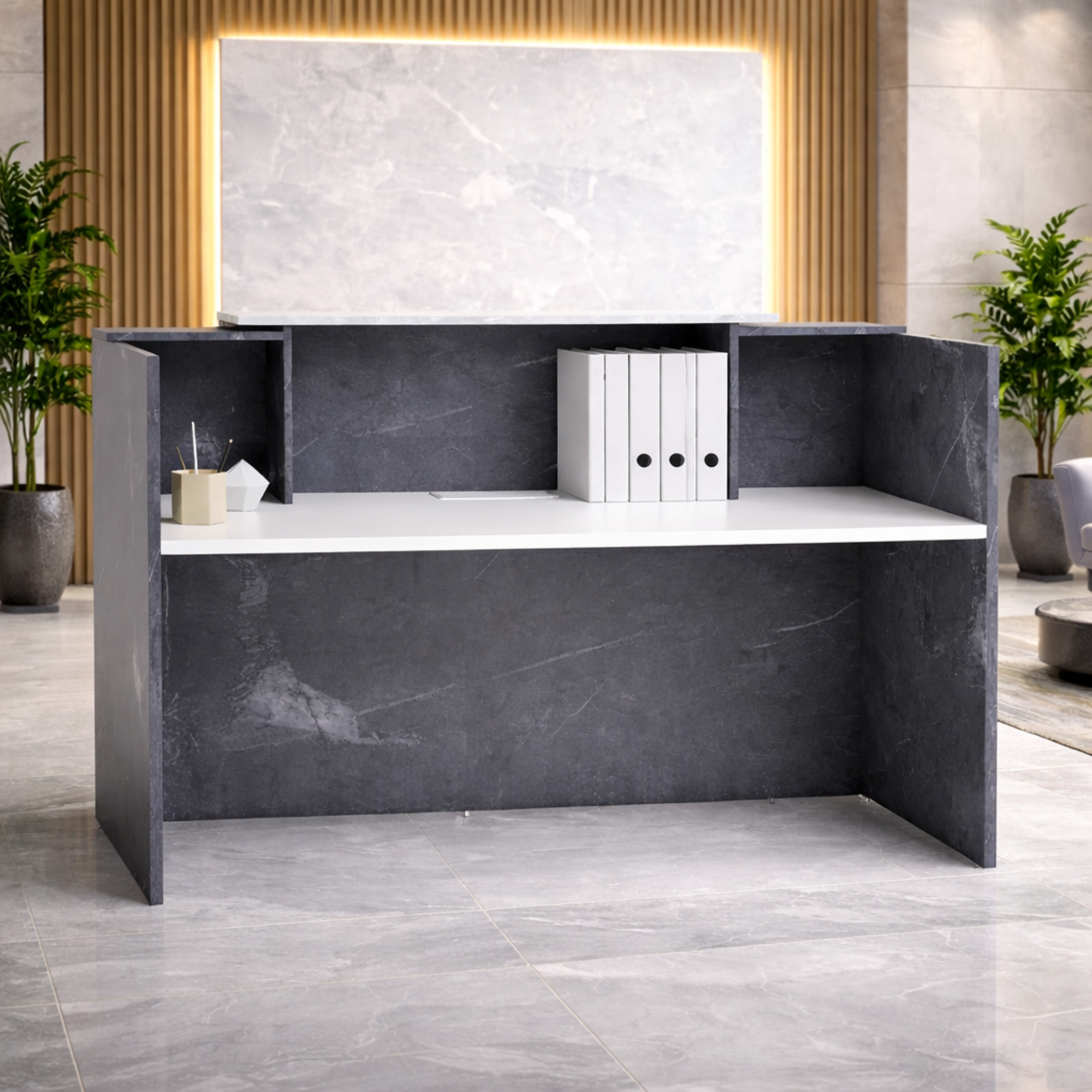 মার্বেল প্যাটার্ন সহ ইঞ্জিনিয়ারড কাঠ দিয়ে তৈরি অফিসের জন্য অভ্যর্থনা টেবিল এবং আধুনিক সহজ, মসৃণ অভ্যর্থনা কাউন্টার