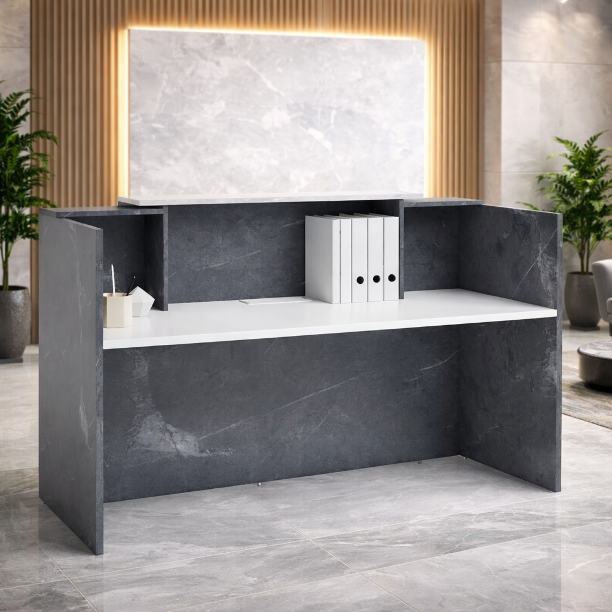 মার্বেল প্যাটার্ন সহ ইঞ্জিনিয়ারড কাঠ দিয়ে তৈরি অফিসের জন্য অভ্যর্থনা টেবিল এবং আধুনিক সহজ, মসৃণ অভ্যর্থনা কাউন্টার