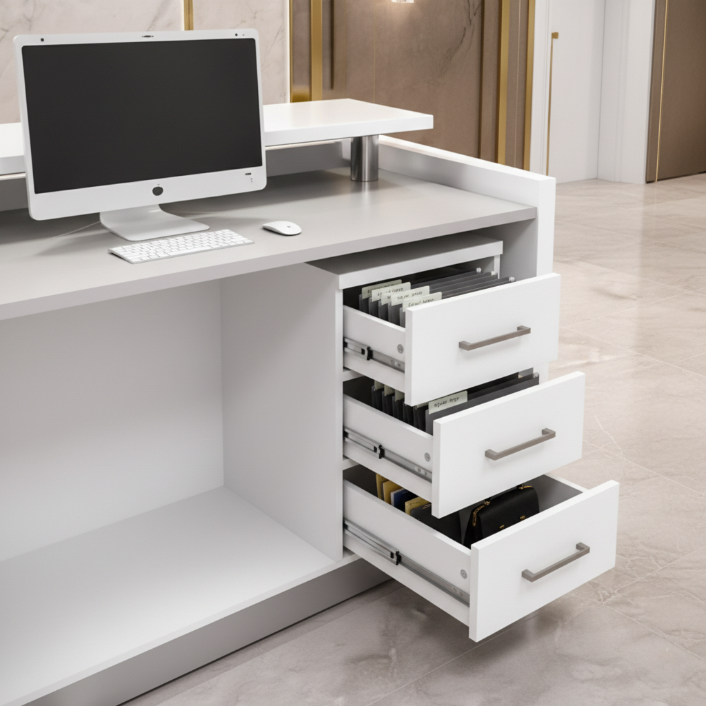 Reception Table for Office Made in Particle Board with Top on Chrome Pillars and Aluminum Trim Lines - White and Grey