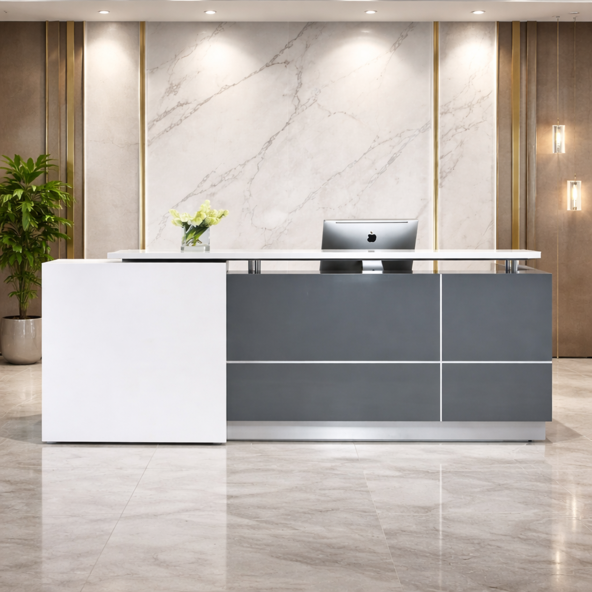 Reception Table for Office Made in Particle Board with Top on Chrome Pillars and Aluminum Trim Lines - White and Grey