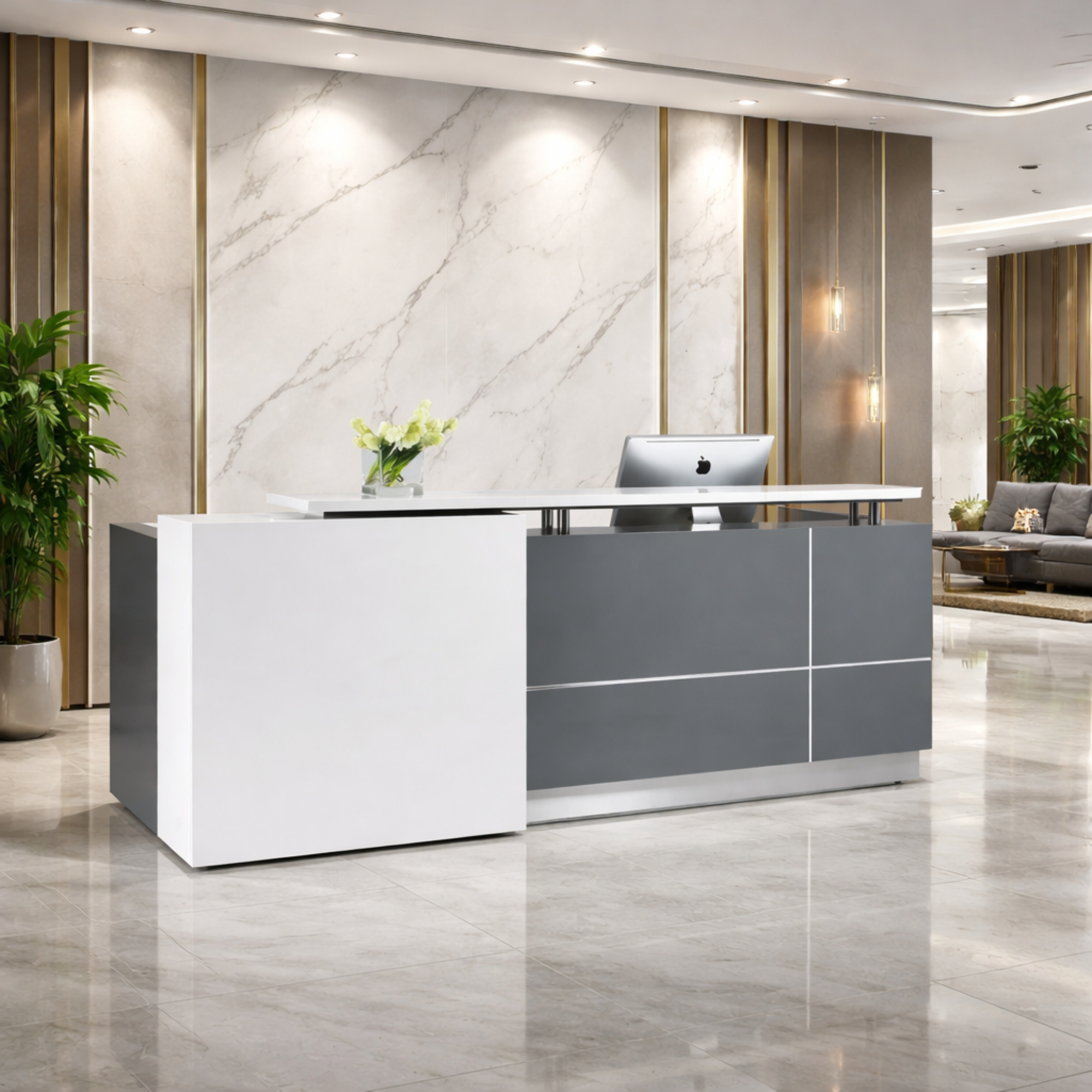 Reception Table for Office Made in Particle Board with Top on Chrome Pillars and Aluminum Trim Lines - White and Grey