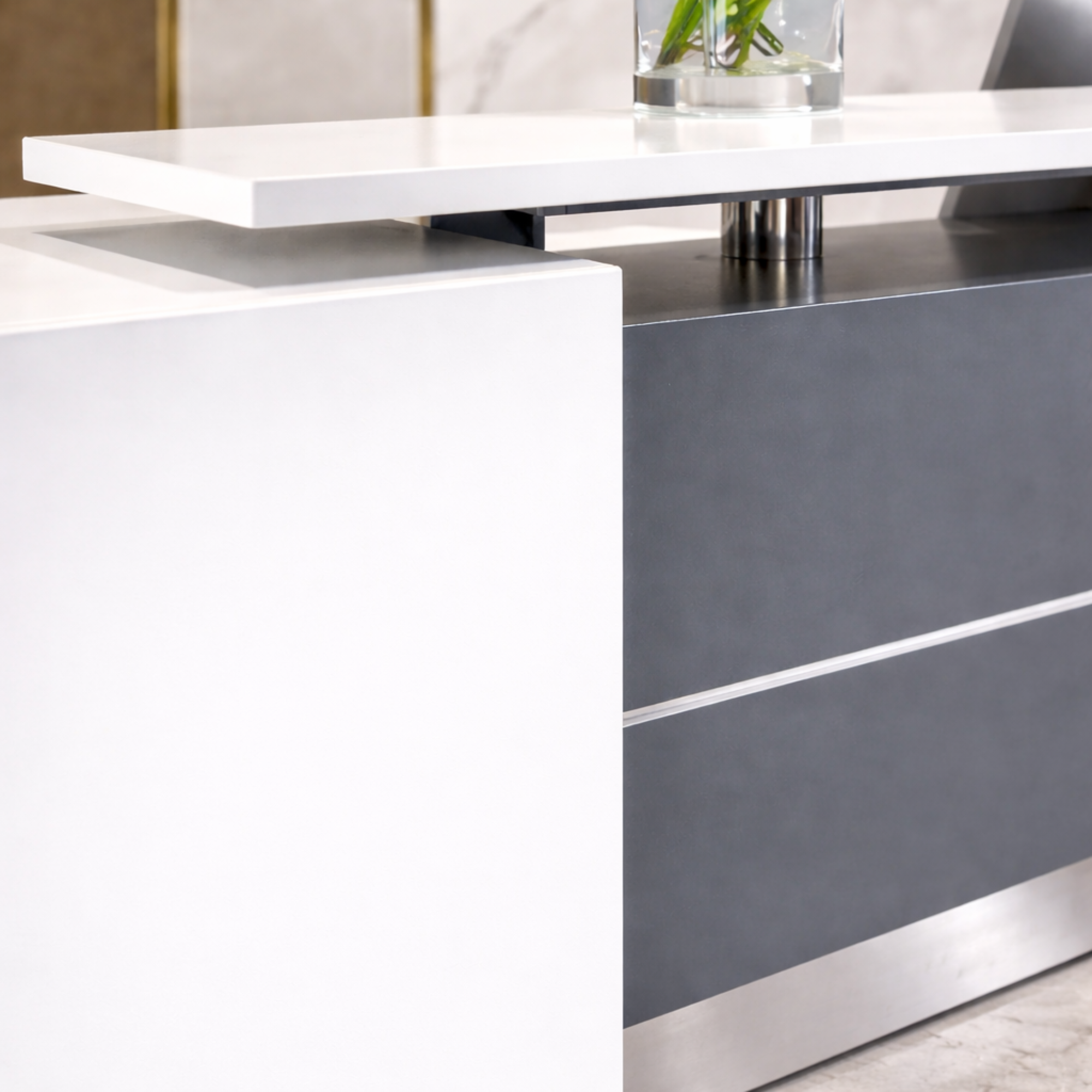 Reception Table for Office Made in Particle Board with Top on Chrome Pillars and Aluminum Trim Lines - White and Grey