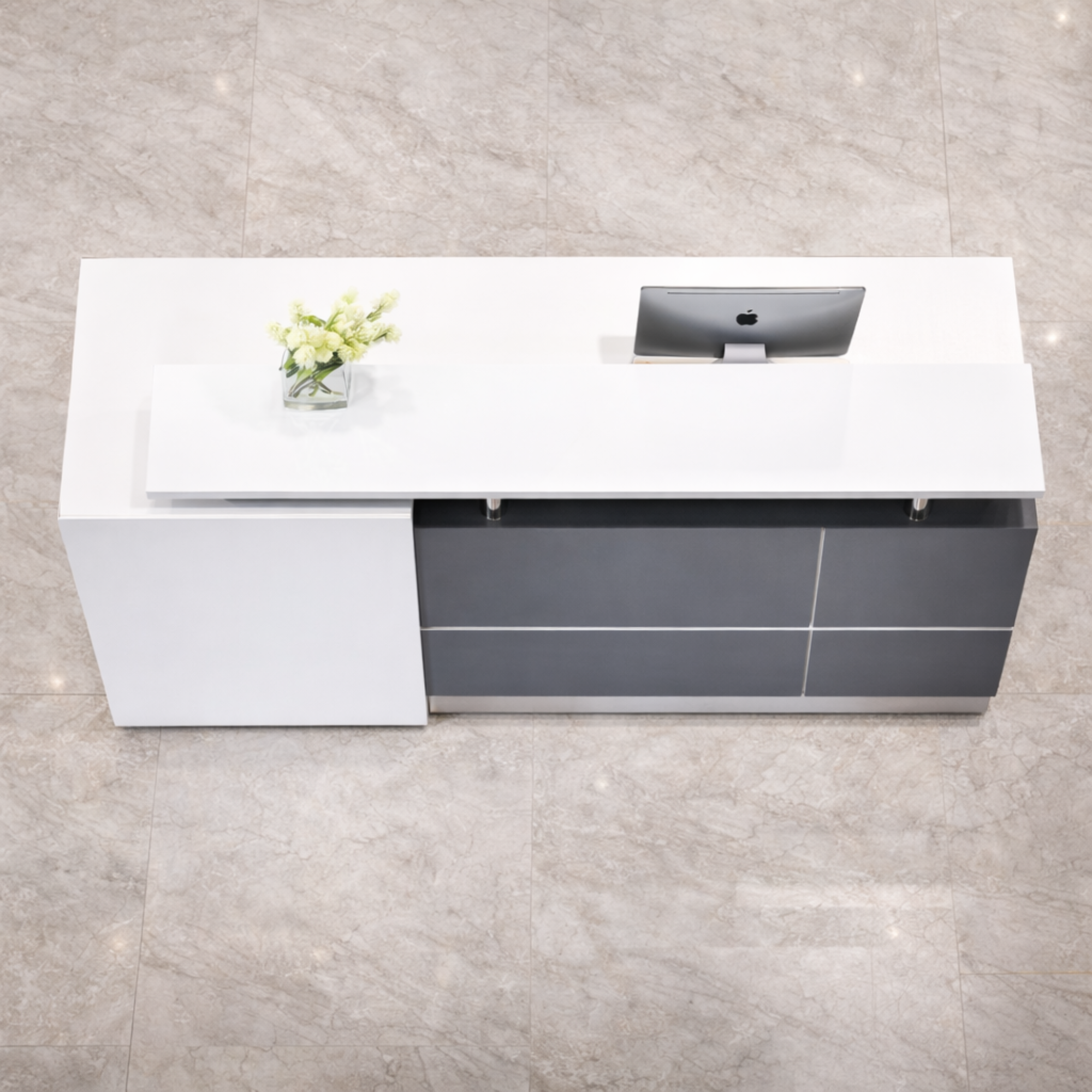 Reception Table for Office Made in Particle Board with Top on Chrome Pillars and Aluminum Trim Lines - White and Grey