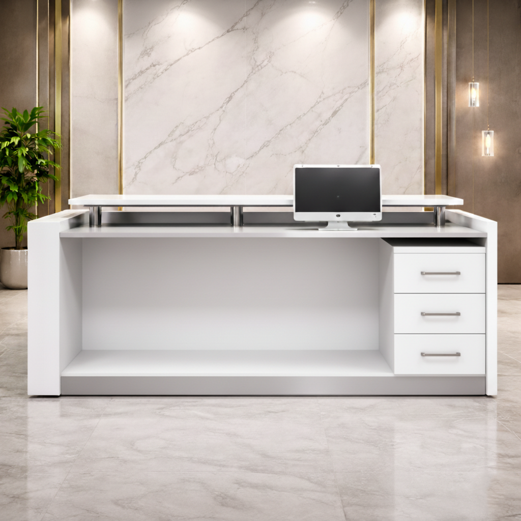 Reception Table for Office Made in Particle Board with Top on Chrome Pillars and Aluminum Trim Lines - White and Grey