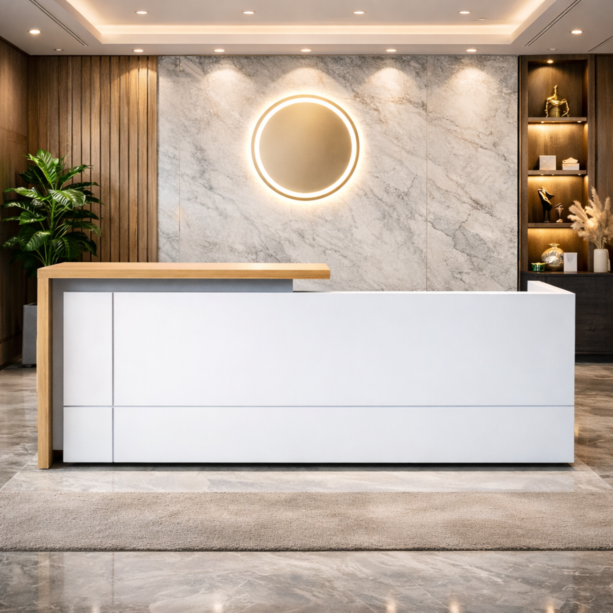 অফিসের জন্য অভ্যর্থনা টেবিল মেলামাইন এবং ১টি ড্রয়ার-স্টোরেজ দিয়ে তৈরি, ওয়্যার ম্যানেজার - ওক এবং হোয়াইট