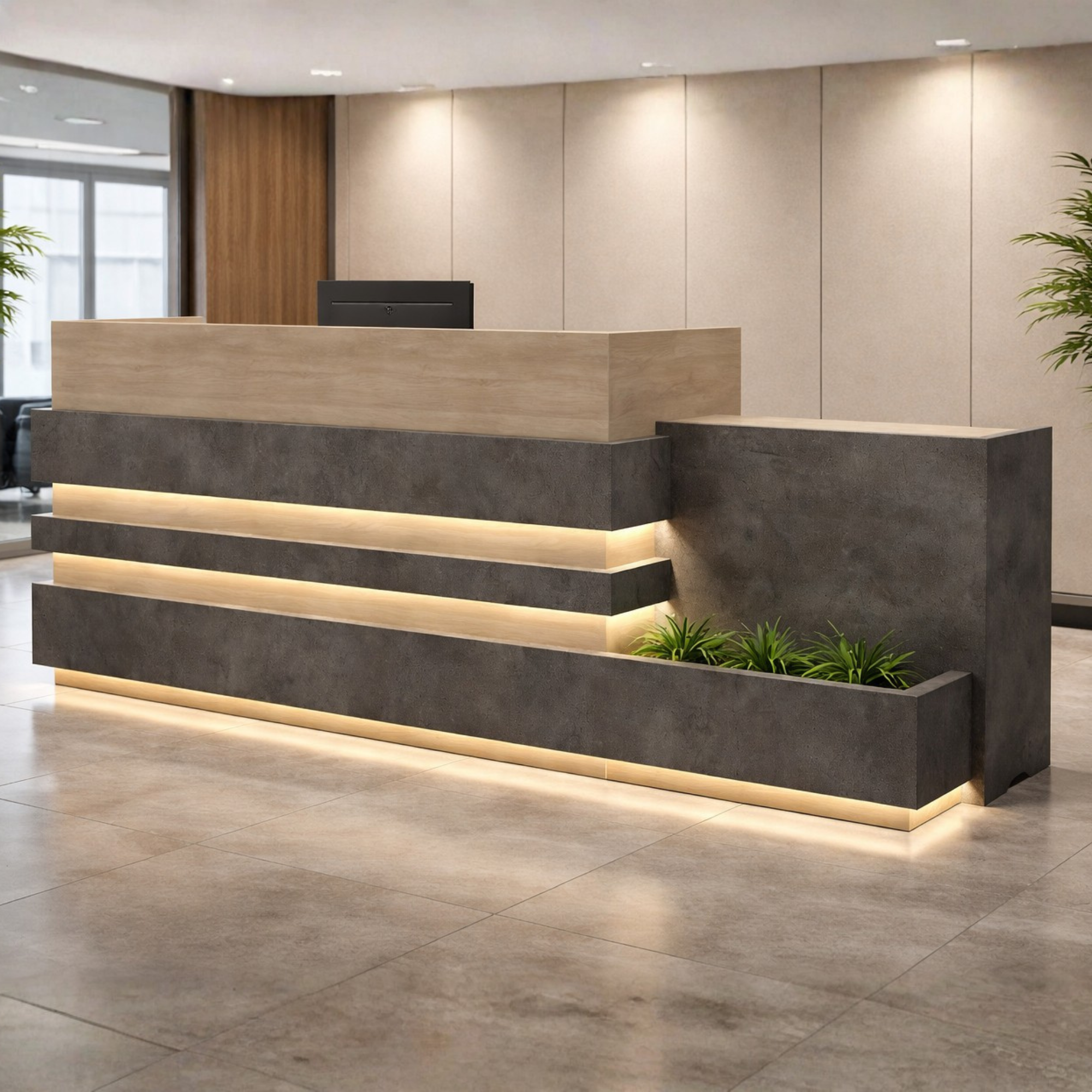 कार्यालय के लिए आधुनिक रिसेप्शन टेबल, MDF से निर्मित, मेलामाइन और 1 कैबिनेट और स्टोरेज के साथ - अखरोट और कार्बन ग्रे