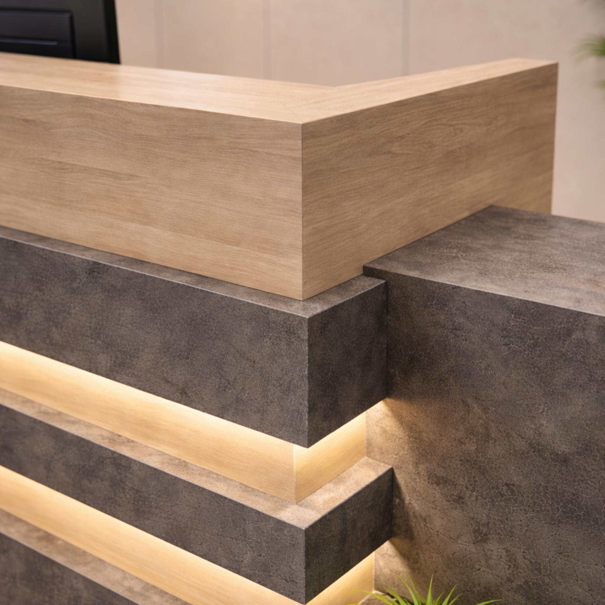 অফিসের জন্য আধুনিক অভ্যর্থনা টেবিল মেলামাইন এবং ১টি ক্যাবিনেট এবং স্টোরেজ দিয়ে তৈরি - আখরোট এবং কার্বন ধূসর