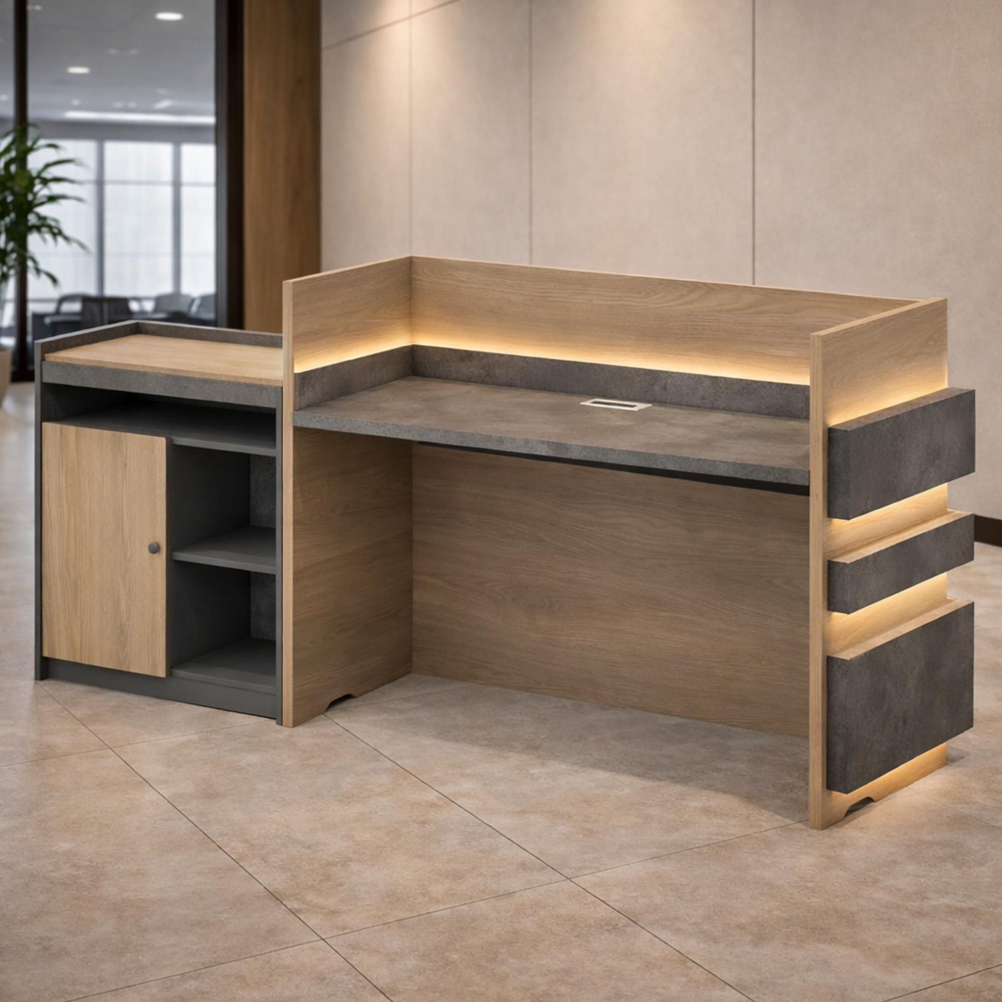 অফিসের জন্য আধুনিক অভ্যর্থনা টেবিল মেলামাইন এবং ১টি ক্যাবিনেট এবং স্টোরেজ দিয়ে তৈরি - আখরোট এবং কার্বন ধূসর