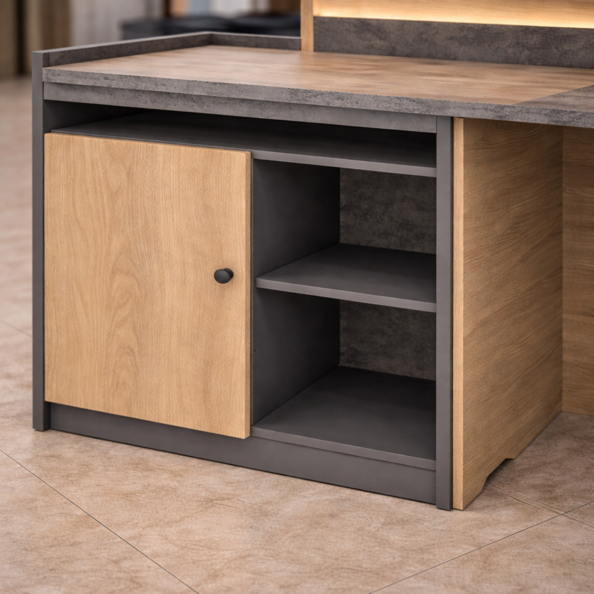 অফিসের জন্য আধুনিক অভ্যর্থনা টেবিল মেলামাইন এবং ১টি ক্যাবিনেট এবং স্টোরেজ দিয়ে তৈরি - আখরোট এবং কার্বন ধূসর