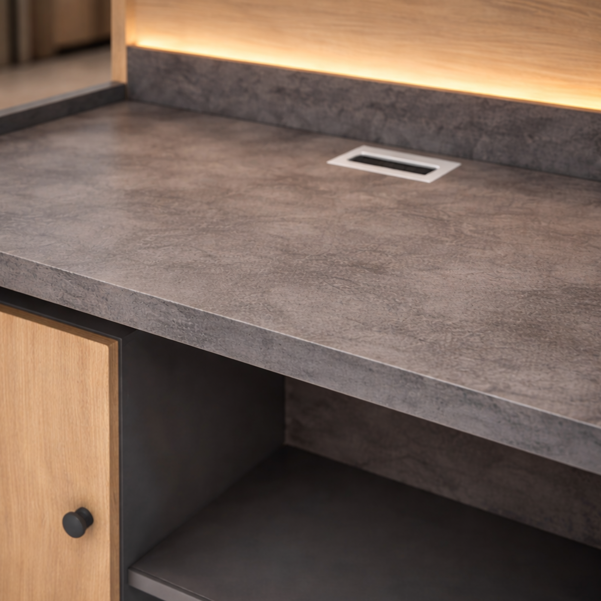 অফিসের জন্য আধুনিক অভ্যর্থনা টেবিল মেলামাইন এবং ১টি ক্যাবিনেট এবং স্টোরেজ দিয়ে তৈরি - আখরোট এবং কার্বন ধূসর