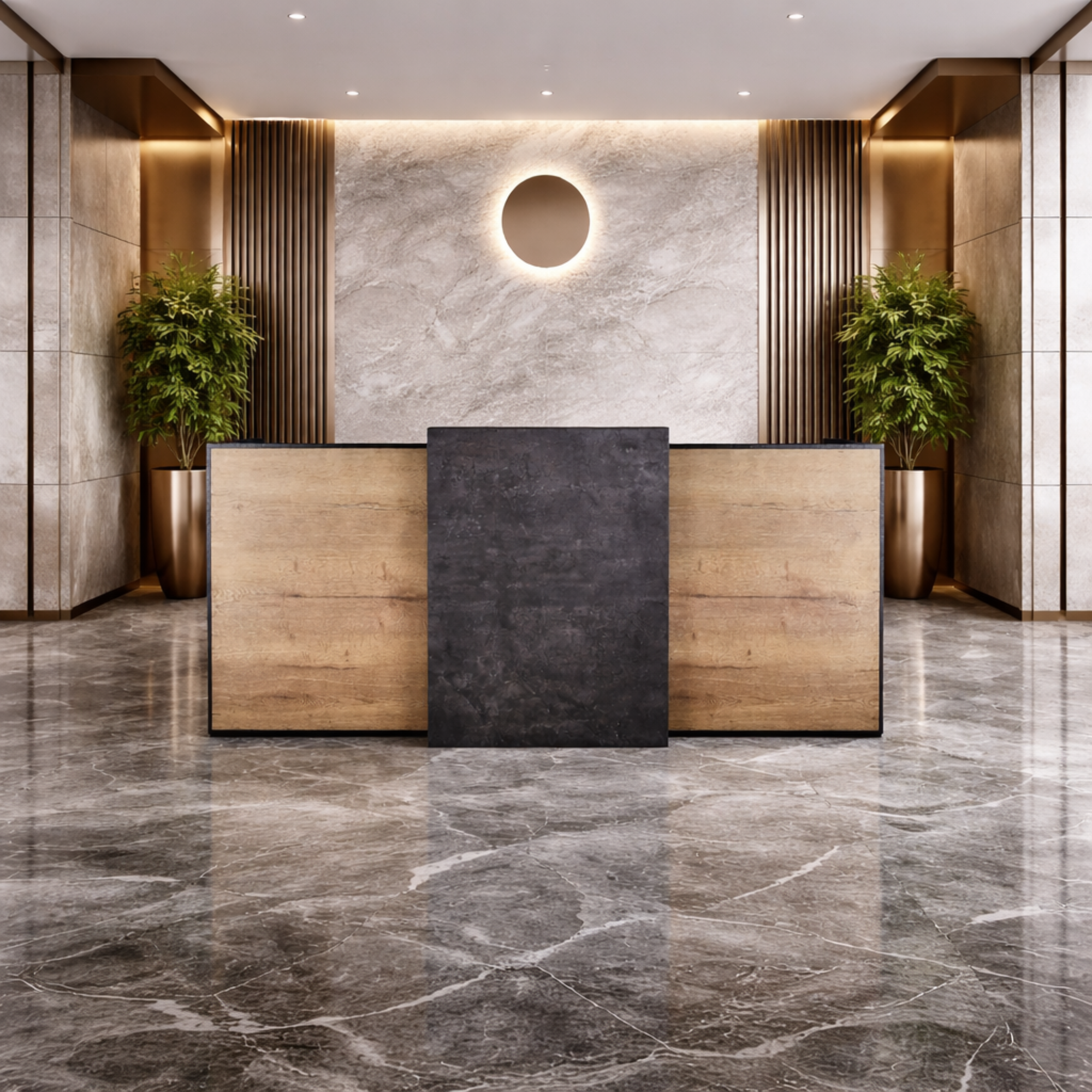 তামাক কাঠ এবং গাঢ় কংক্রিট ফিনিশ সহ অফিসের জন্য আধুনিক অভ্যর্থনা টেবিল - ইঞ্জিনিয়ারড কাঠের বডি এবং E1 পরিবেশগত বোর্ড