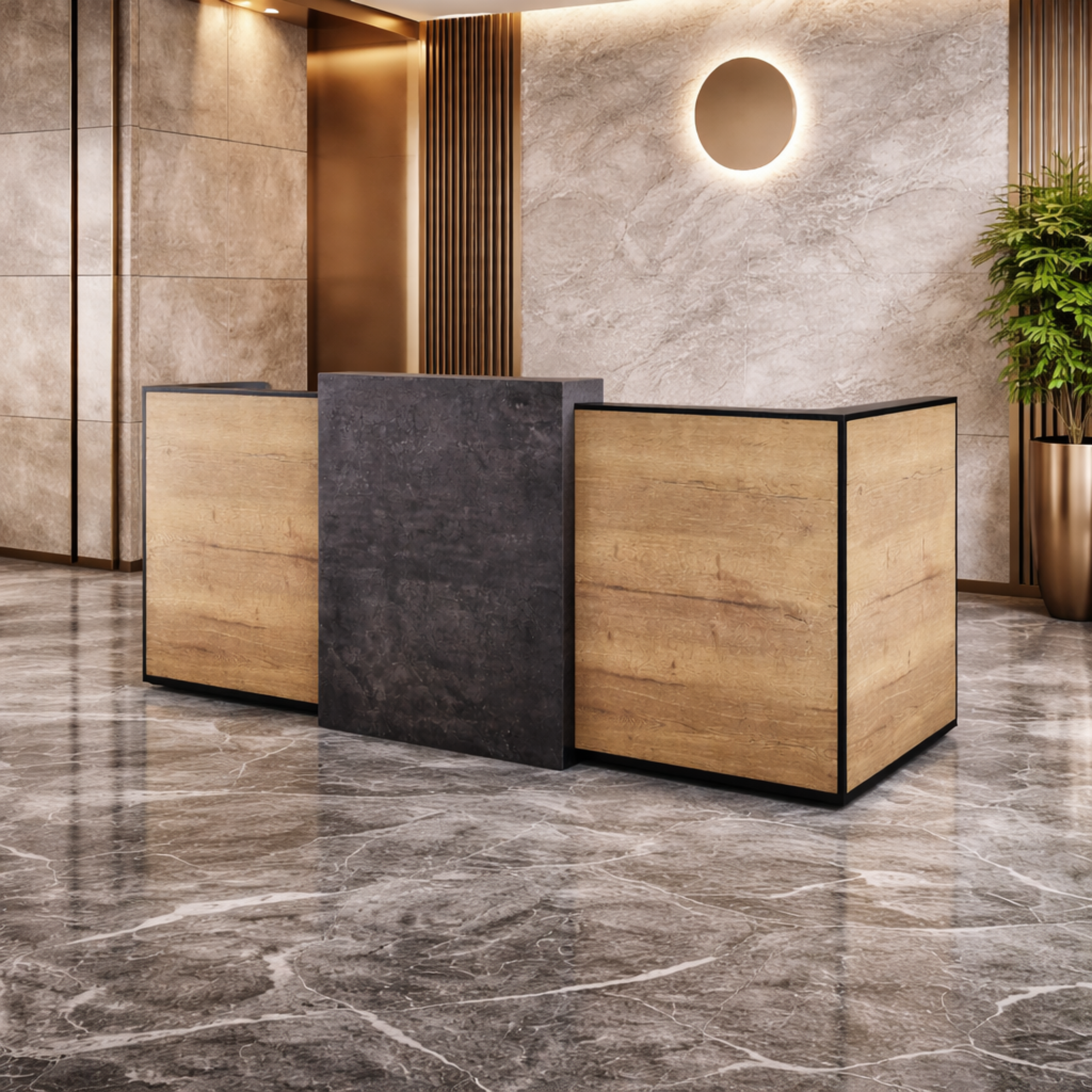 তামাক কাঠ এবং গাঢ় কংক্রিট ফিনিশ সহ অফিসের জন্য আধুনিক অভ্যর্থনা টেবিল - ইঞ্জিনিয়ারড কাঠের বডি এবং E1 পরিবেশগত বোর্ড