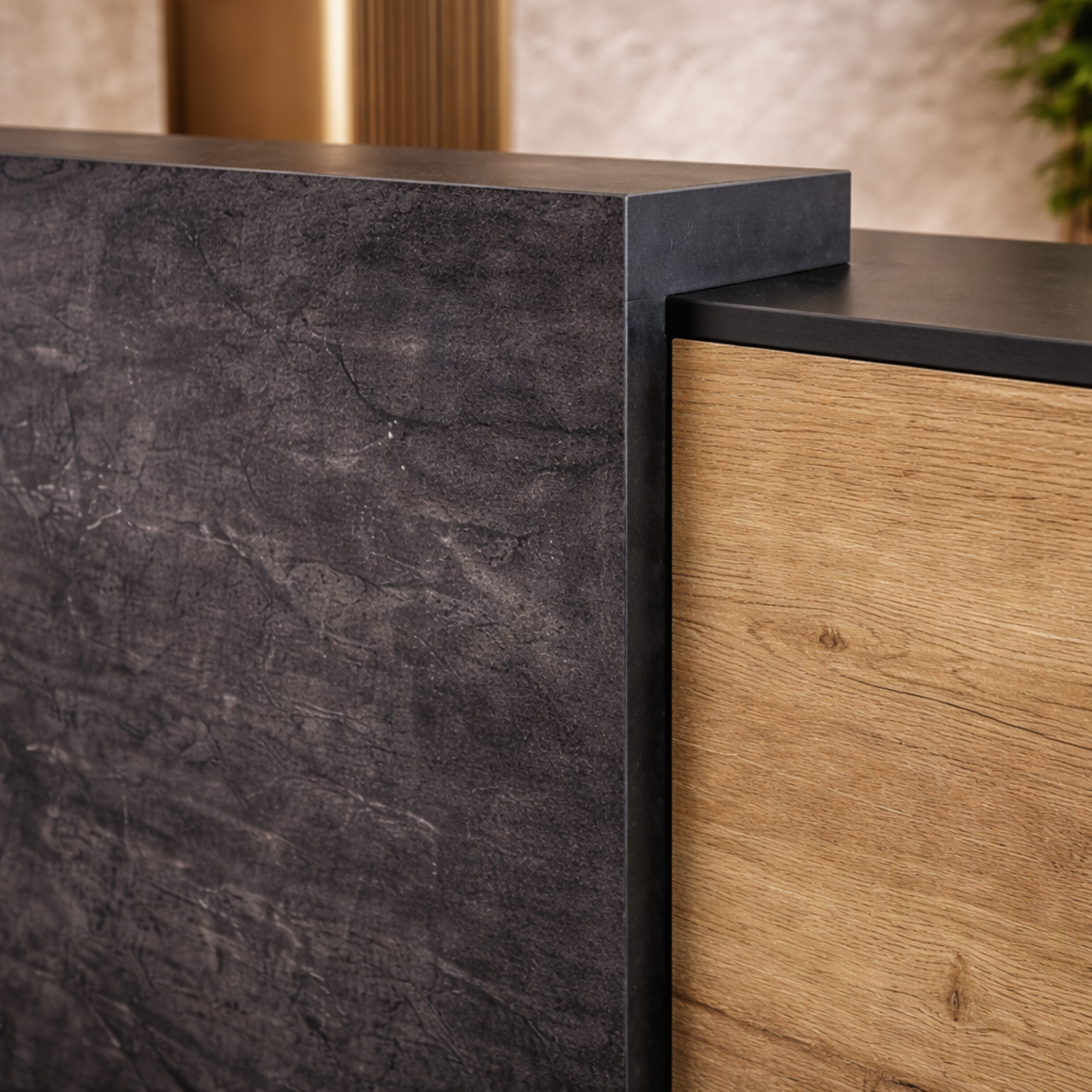 তামাক কাঠ এবং গাঢ় কংক্রিট ফিনিশ সহ অফিসের জন্য আধুনিক অভ্যর্থনা টেবিল - ইঞ্জিনিয়ারড কাঠের বডি এবং E1 পরিবেশগত বোর্ড