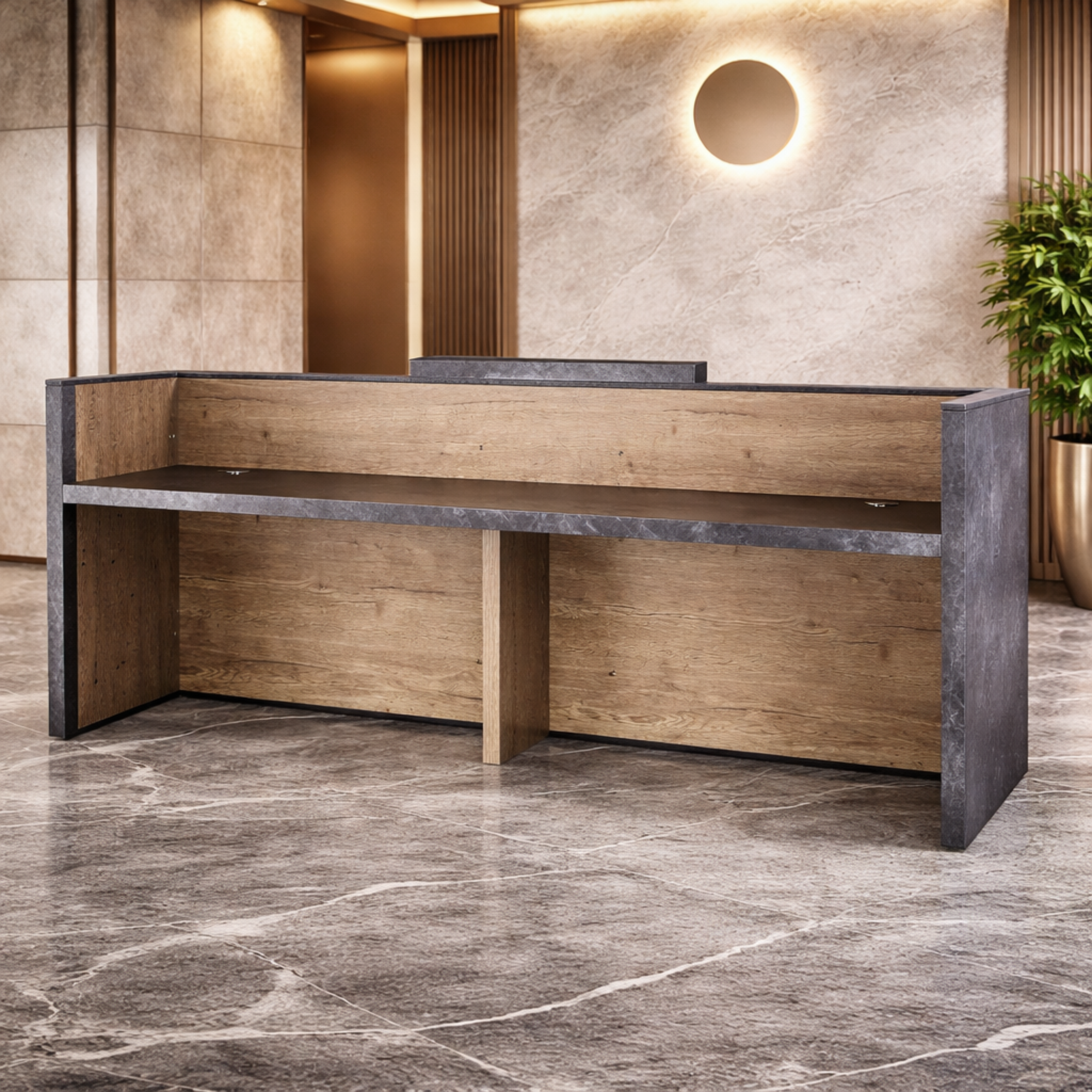 তামাক কাঠ এবং গাঢ় কংক্রিট ফিনিশ সহ অফিসের জন্য আধুনিক অভ্যর্থনা টেবিল - ইঞ্জিনিয়ারড কাঠের বডি এবং E1 পরিবেশগত বোর্ড