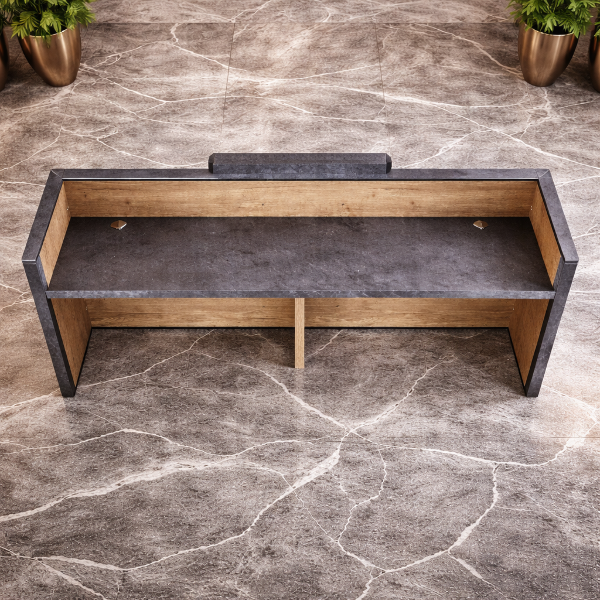 তামাক কাঠ এবং গাঢ় কংক্রিট ফিনিশ সহ অফিসের জন্য আধুনিক অভ্যর্থনা টেবিল - ইঞ্জিনিয়ারড কাঠের বডি এবং E1 পরিবেশগত বোর্ড