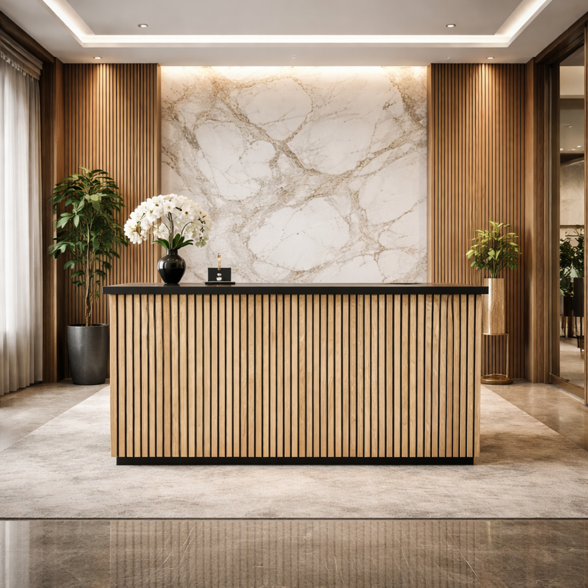 অফিসের জন্য স্টাইলিশ রিসেপশন টেবিল পাইনউড ইউ শেপ ডিজাইন এবং ড্রয়ার ও স্টোরেজ সহ নমনীয় প্লাই দিয়ে তৈরি - ব্ল্যাক অ্যান্ড ওক