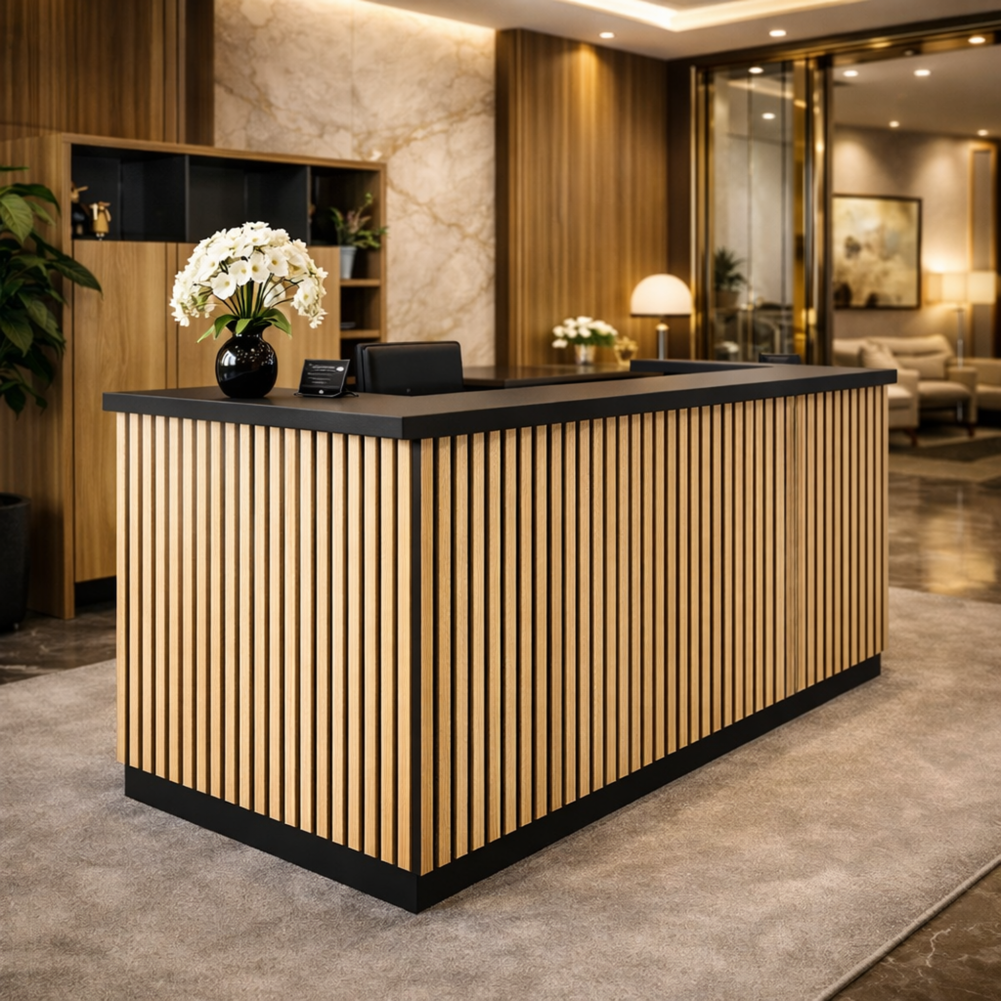 অফিসের জন্য স্টাইলিশ রিসেপশন টেবিল পাইনউড ইউ শেপ ডিজাইন এবং ড্রয়ার ও স্টোরেজ সহ নমনীয় প্লাই দিয়ে তৈরি - ব্ল্যাক অ্যান্ড ওক