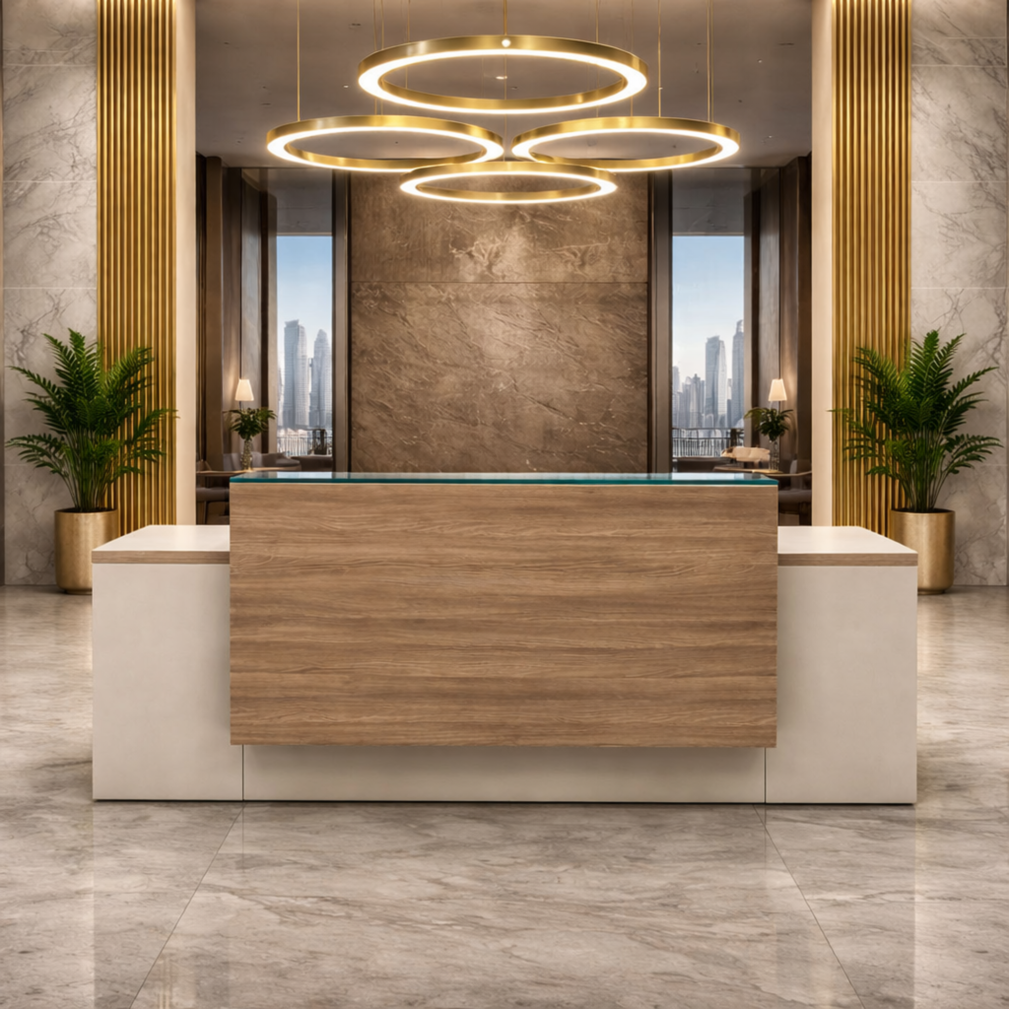 অফিসের জন্য স্টাইলিশ বড় রিসেপশন টেবিল, মেলামাইন দিয়ে তৈরি, ২ জনের আসনের কাউন্টার এবং খোলা যায় এমন শাটার এবং ক্যাবিনেট - হালকা আখরোট