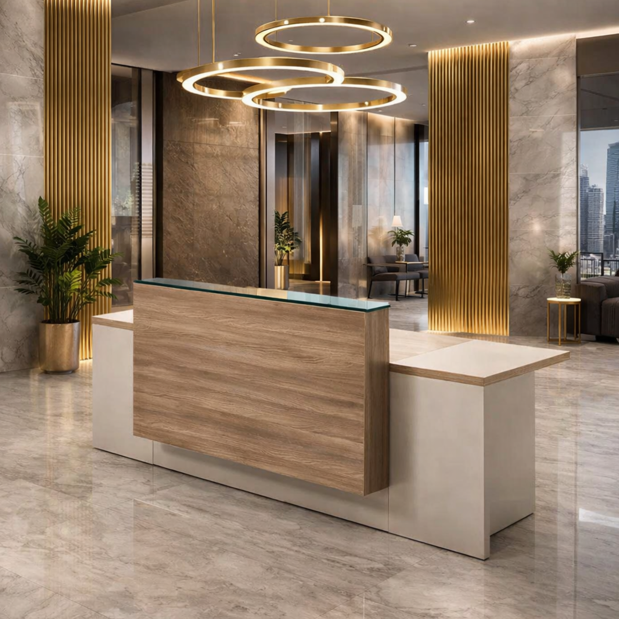 অফিসের জন্য স্টাইলিশ বড় রিসেপশন টেবিল, মেলামাইন দিয়ে তৈরি, ২ জনের আসনের কাউন্টার এবং খোলা যায় এমন শাটার এবং ক্যাবিনেট - হালকা আখরোট