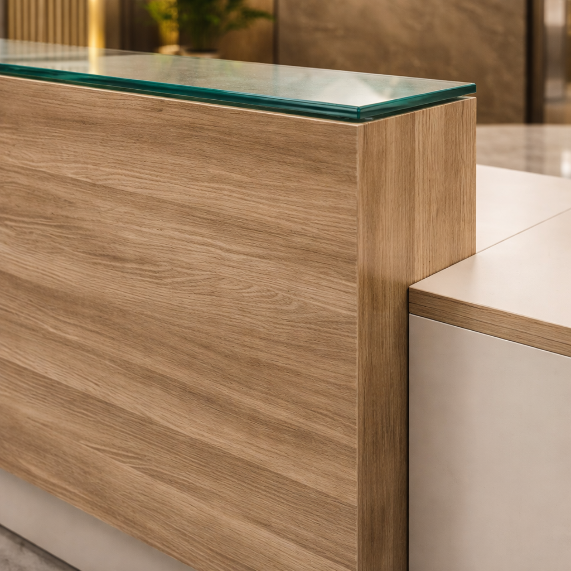 অফিসের জন্য স্টাইলিশ বড় রিসেপশন টেবিল, মেলামাইন দিয়ে তৈরি, ২ জনের আসনের কাউন্টার এবং খোলা যায় এমন শাটার এবং ক্যাবিনেট - হালকা আখরোট