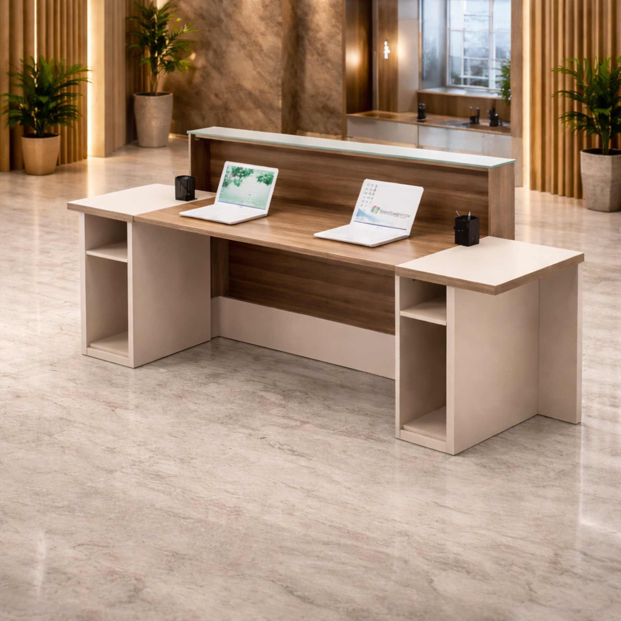 অফিসের জন্য স্টাইলিশ বড় রিসেপশন টেবিল, মেলামাইন দিয়ে তৈরি, ২ জনের আসনের কাউন্টার এবং খোলা যায় এমন শাটার এবং ক্যাবিনেট - হালকা আখরোট