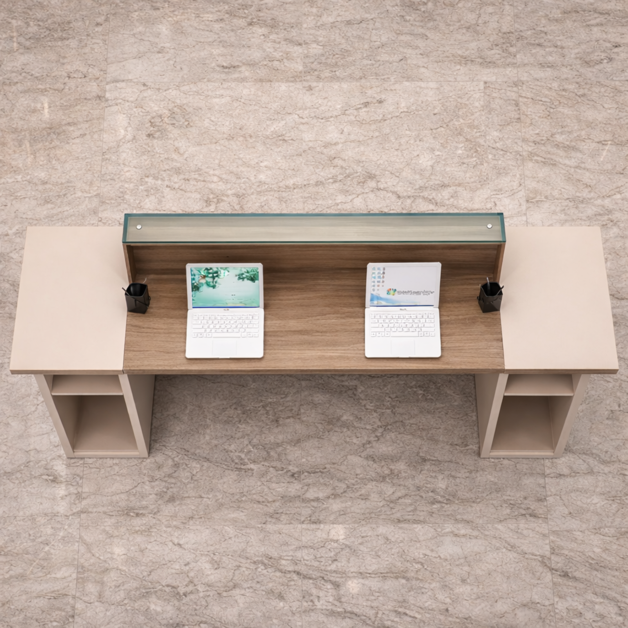 অফিসের জন্য স্টাইলিশ বড় রিসেপশন টেবিল, মেলামাইন দিয়ে তৈরি, ২ জনের আসনের কাউন্টার এবং খোলা যায় এমন শাটার এবং ক্যাবিনেট - হালকা আখরোট