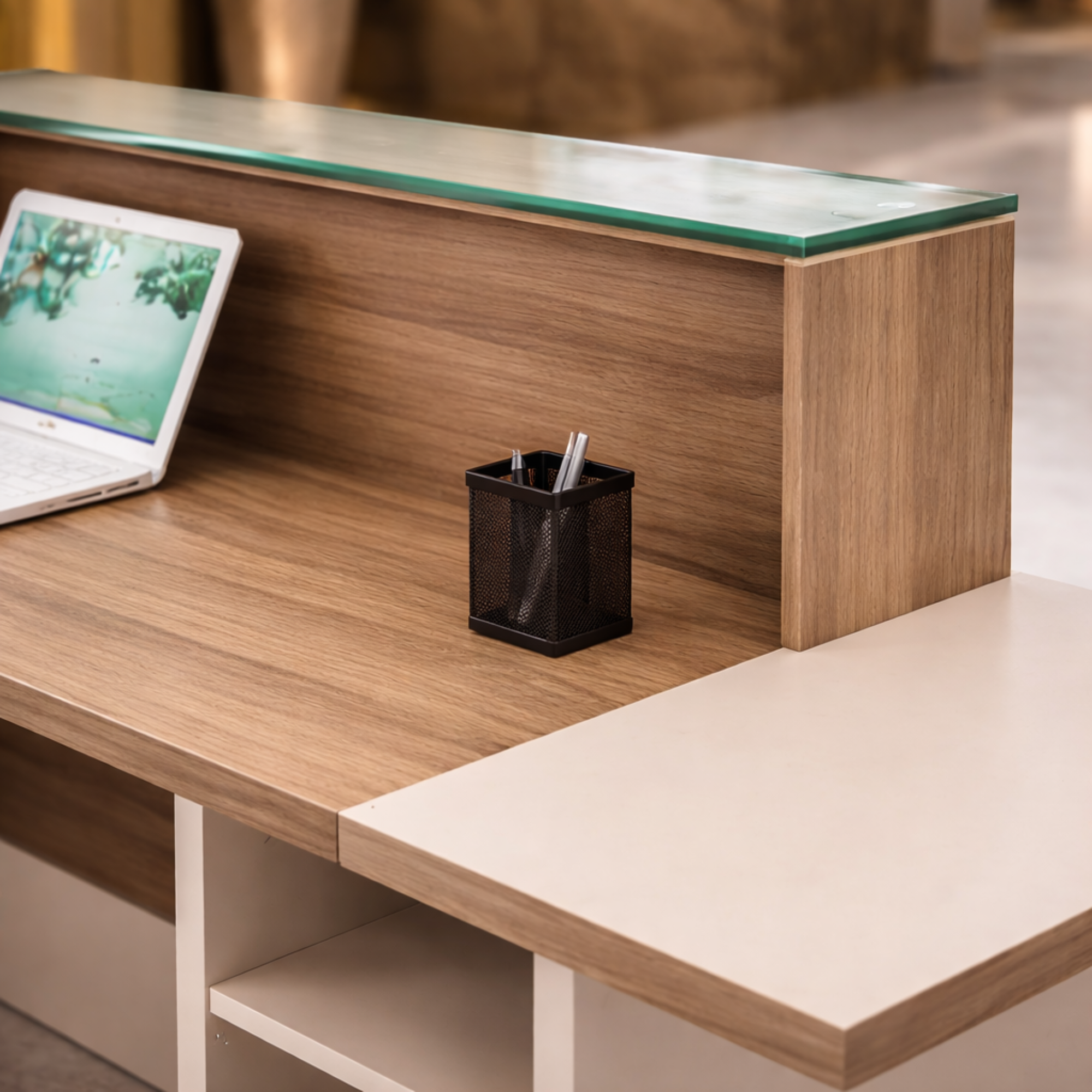 অফিসের জন্য স্টাইলিশ বড় রিসেপশন টেবিল, মেলামাইন দিয়ে তৈরি, ২ জনের আসনের কাউন্টার এবং খোলা যায় এমন শাটার এবং ক্যাবিনেট - হালকা আখরোট