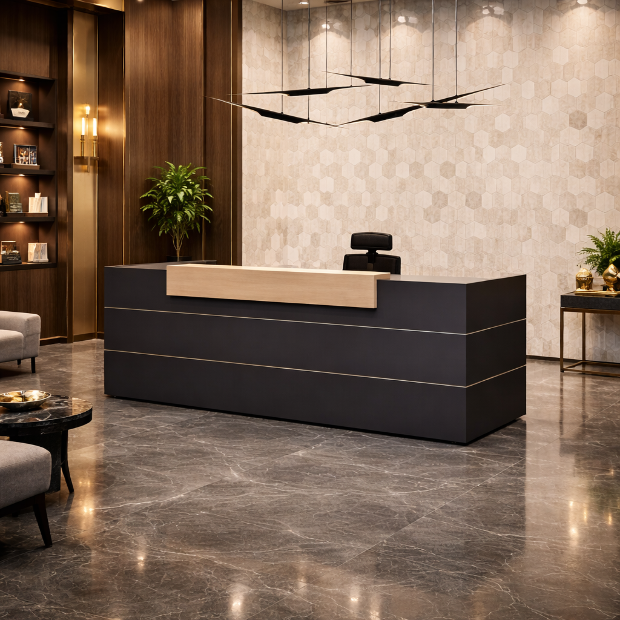 অফিসের জন্য স্টাইলিশ বড় রিসেপশন টেবিল, মেলামাইন এবং উভয় পাশের ড্রয়ার এবং ক্যাবিনেট দিয়ে MDF দিয়ে তৈরি, 2 ওয়্যার ম্যানেজার - কার্বন গ্রে