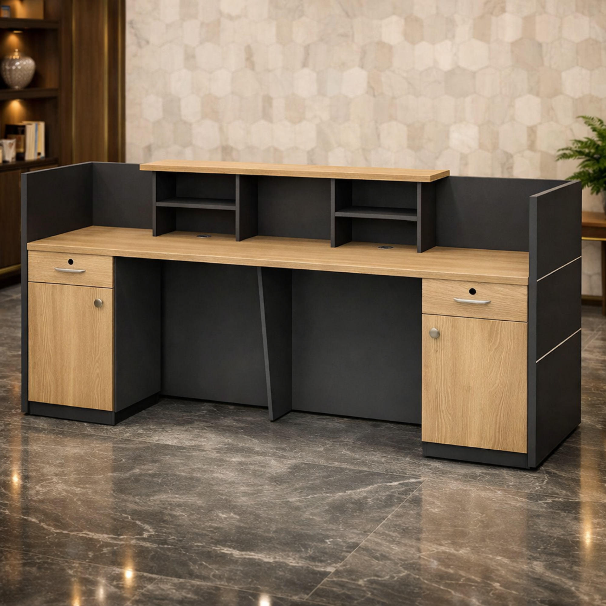 অফিসের জন্য স্টাইলিশ বড় রিসেপশন টেবিল, মেলামাইন এবং উভয় পাশের ড্রয়ার এবং ক্যাবিনেট দিয়ে MDF দিয়ে তৈরি, 2 ওয়্যার ম্যানেজার - কার্বন গ্রে