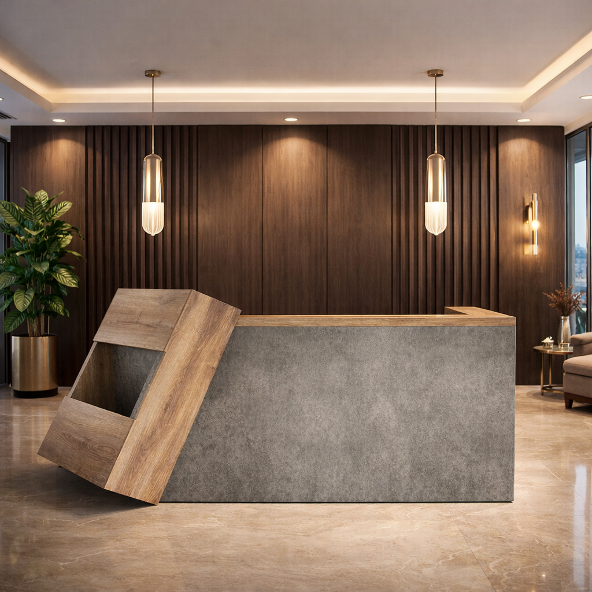 Reception table for Office and Hotel front desk made in MDF with melamine with 3 drawers includes 1 Lockable drawer - Brown