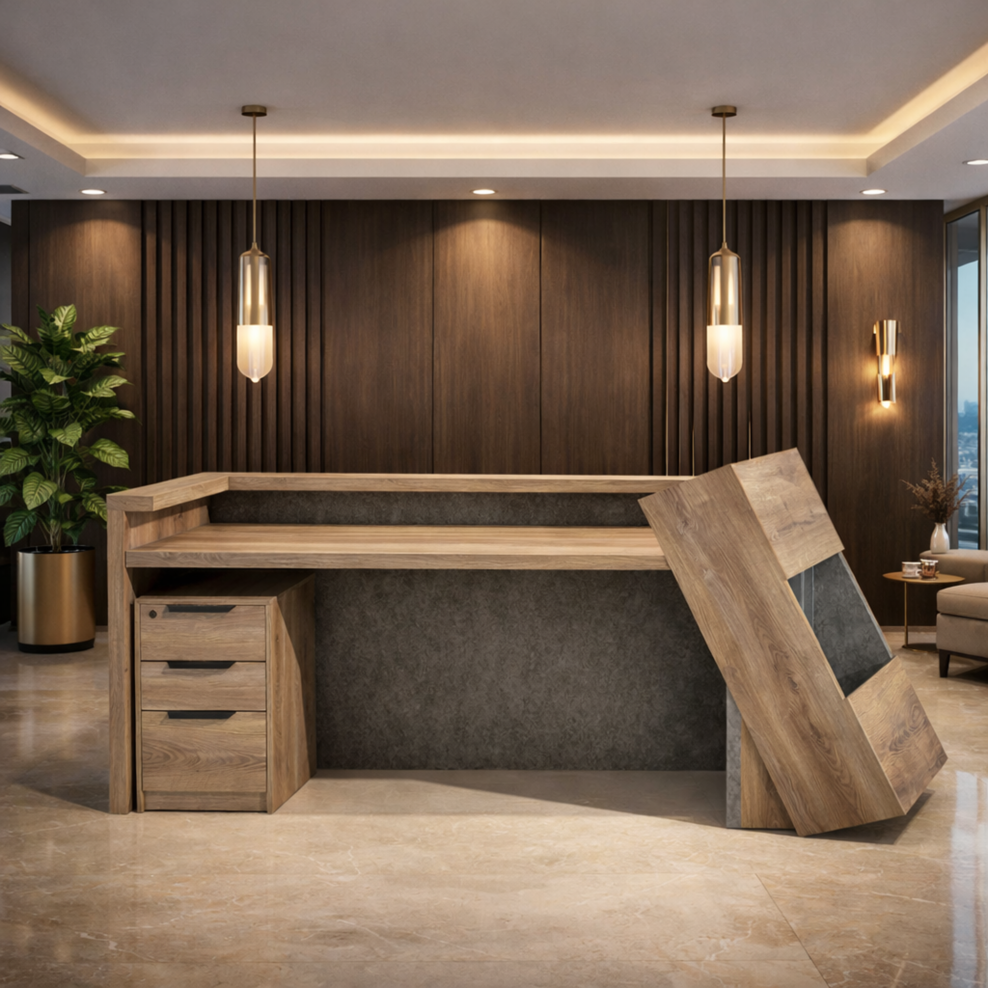 অফিস এবং হোটেলের ফ্রন্ট ডেস্কের জন্য অভ্যর্থনা টেবিল, MDF দিয়ে তৈরি, মেলামাইন দিয়ে তৈরি, ৩টি ড্রয়ার সহ, ১টি লকযোগ্য ড্রয়ার সহ - ব্রাউন