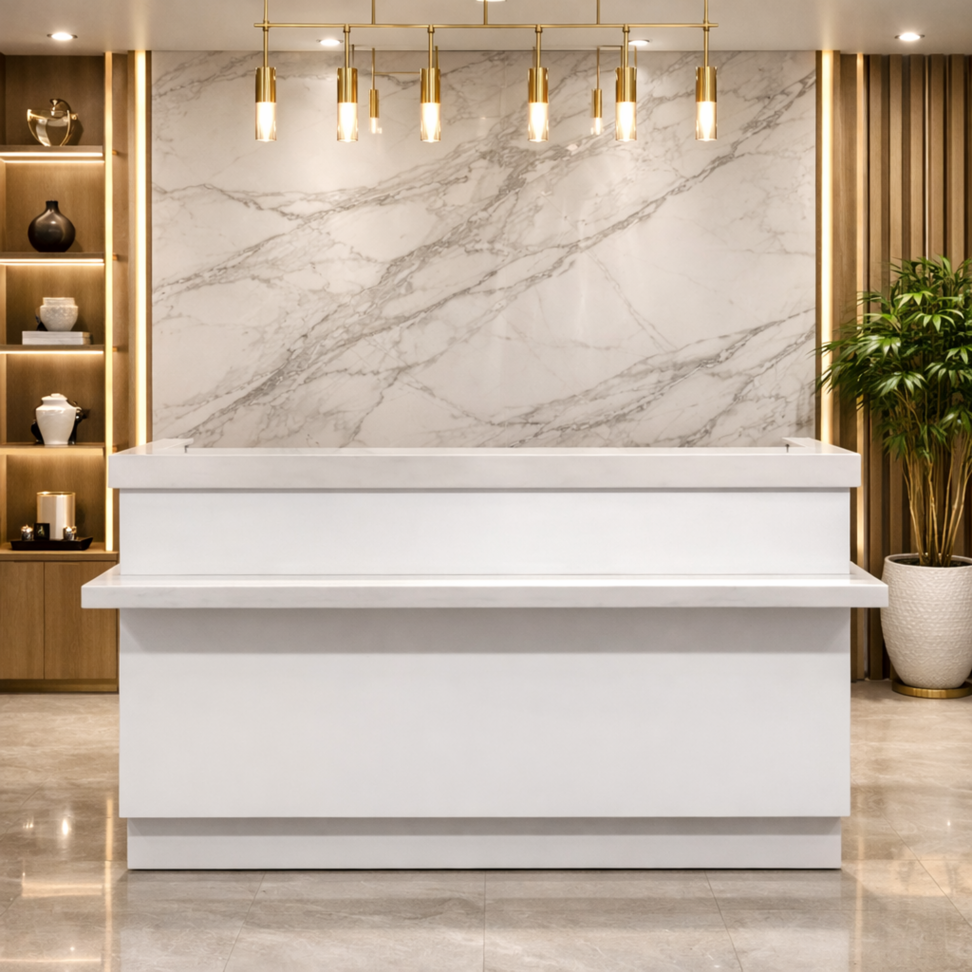 অফিস এবং হোটেলের সামনের কাউন্টার ডেস্কের জন্য অভ্যর্থনা টেবিল, পার্টিকেল বোর্ড এবং সলিড কাঠ দিয়ে তৈরি, পোলিশ দিয়ে (আলো ছাড়া)