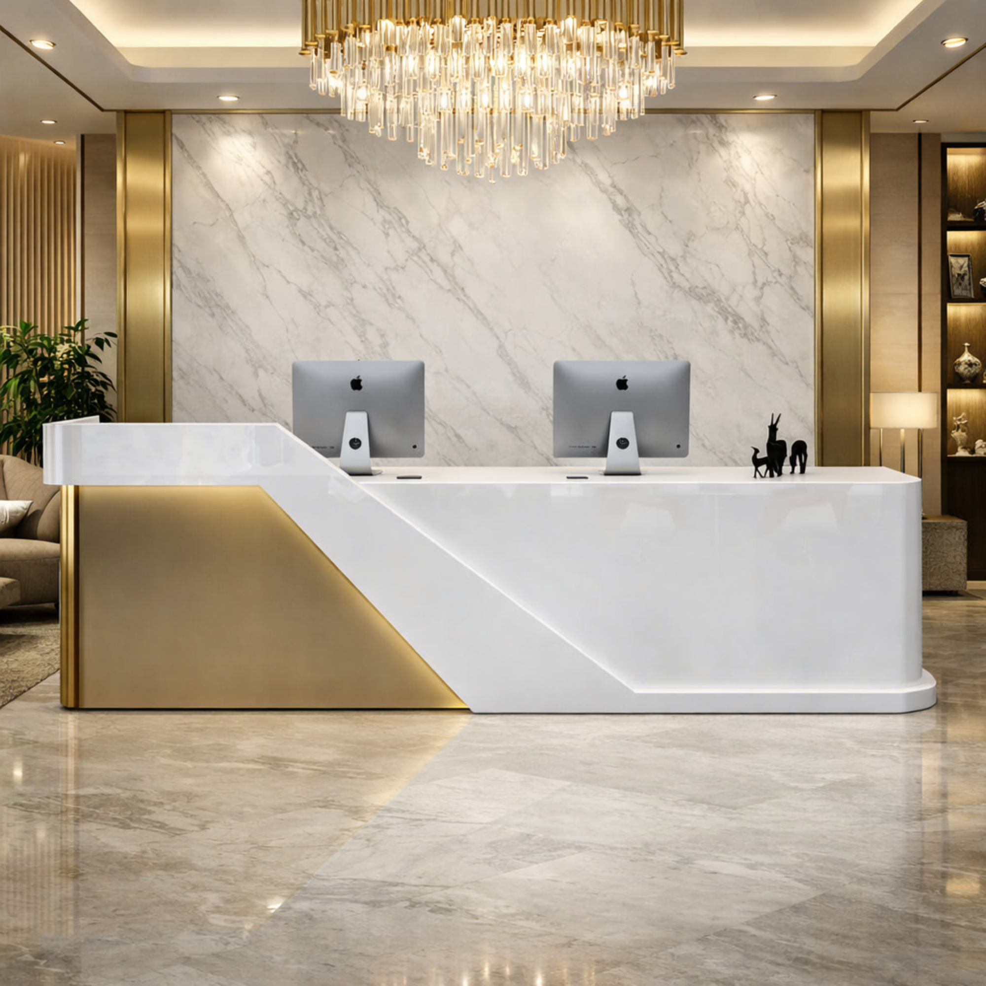 অফিসের জন্য বিলাসবহুল মডেল কাউন্টার ডেস্কের জন্য অভ্যর্থনা টেবিল মার্বেল প্যাটার্নে প্লাইউড দিয়ে তৈরি, দুটি বৃত্তাকার তারের ব্যবস্থাপক, ড্রয়ার সহ ২ জনের বসার ব্যবস্থা - সাদা