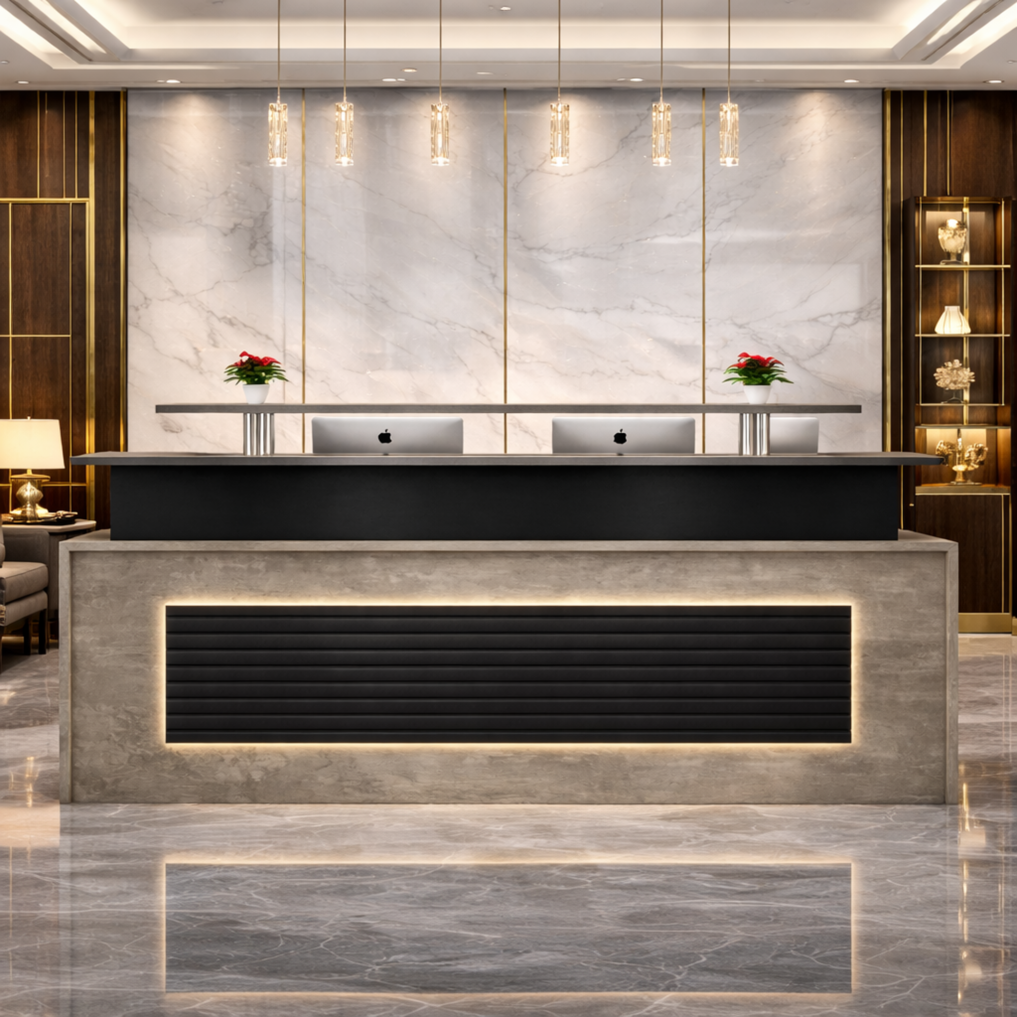 অফিসের জন্য বিলাসবহুল মডেল কাউন্টার ডেস্কের জন্য অভ্যর্থনা টেবিল MDF দিয়ে তৈরি, দুটি তারের ব্যবস্থাপক, 2টি ড্রয়ার এবং স্টোরেজ এবং 2 জনের বসার ব্যবস্থা সহ - ধূসর