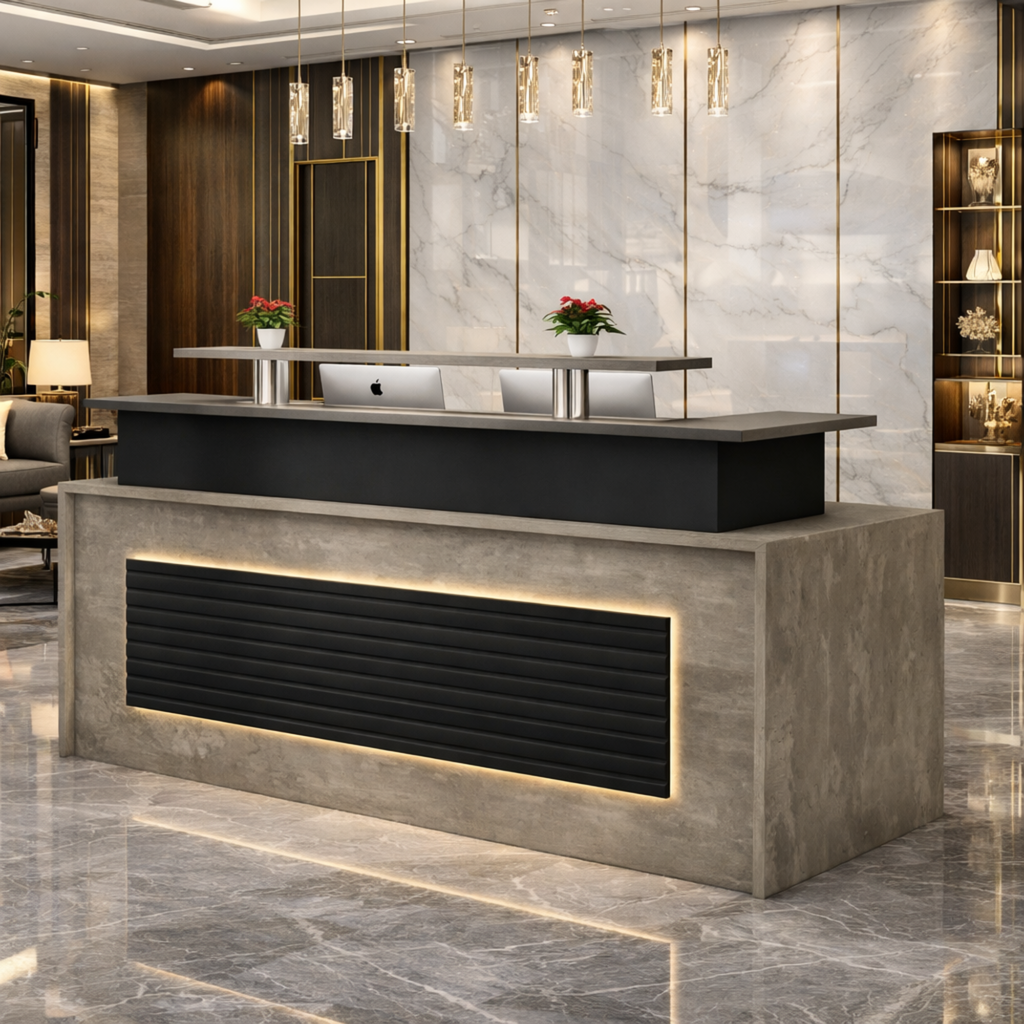 कार्यालय के लिए रिसेप्शन टेबल, लक्जरी मॉडल काउंटर डेस्क, MDF से निर्मित, दो वायर मैनेजर, 2 दराज और स्टोरेज और 2 व्यक्तियों के बैठने की जगह के साथ - ग्रे